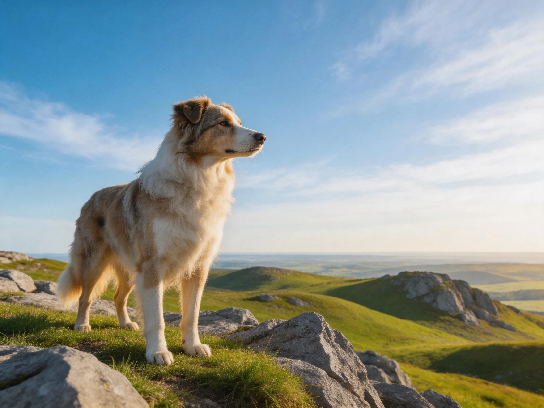 A dog stands on rocky terrain overlooking green hills under a clear sky.
