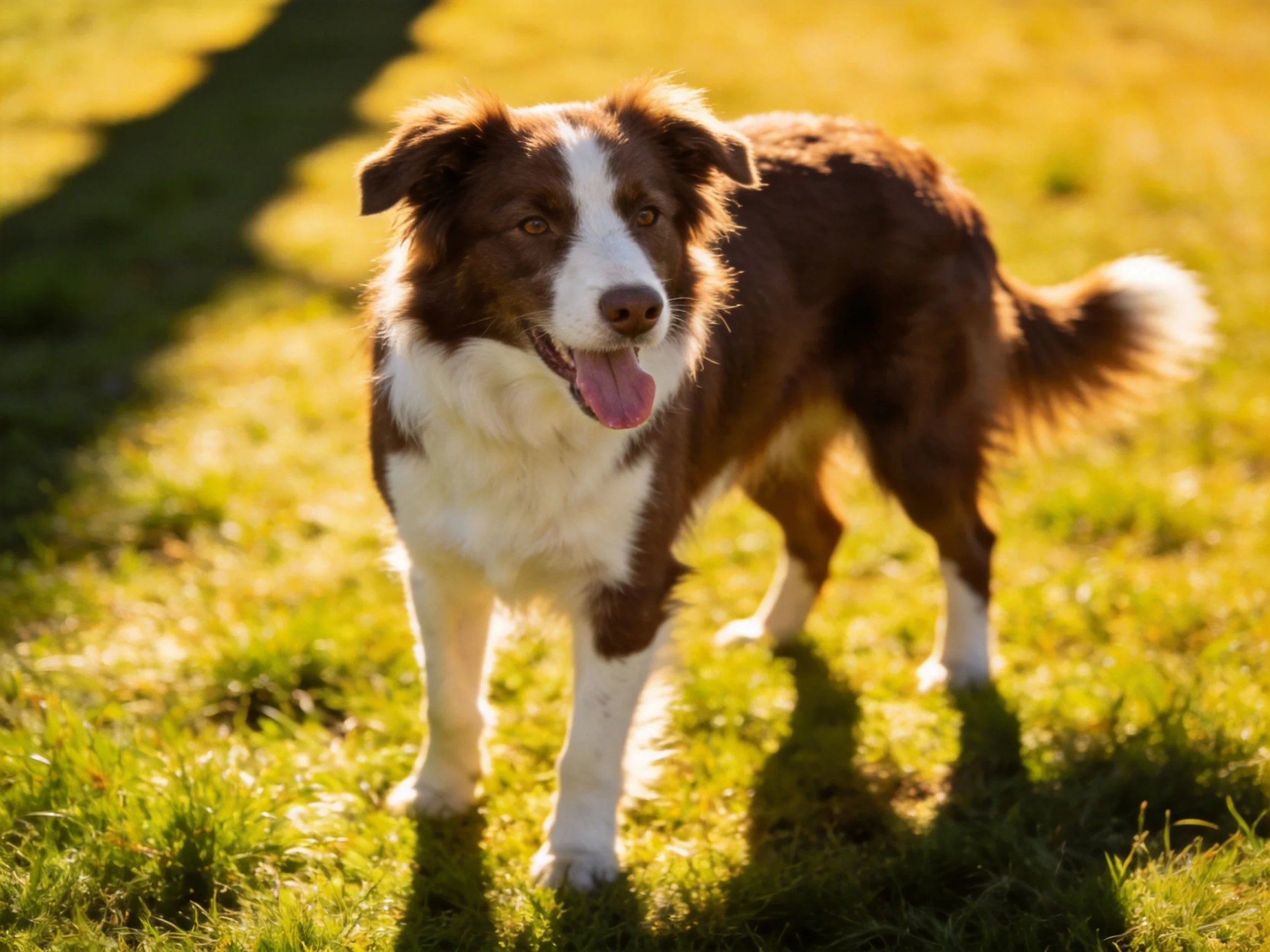 A brown and white dog stands on sunlit grass in a grassy area.