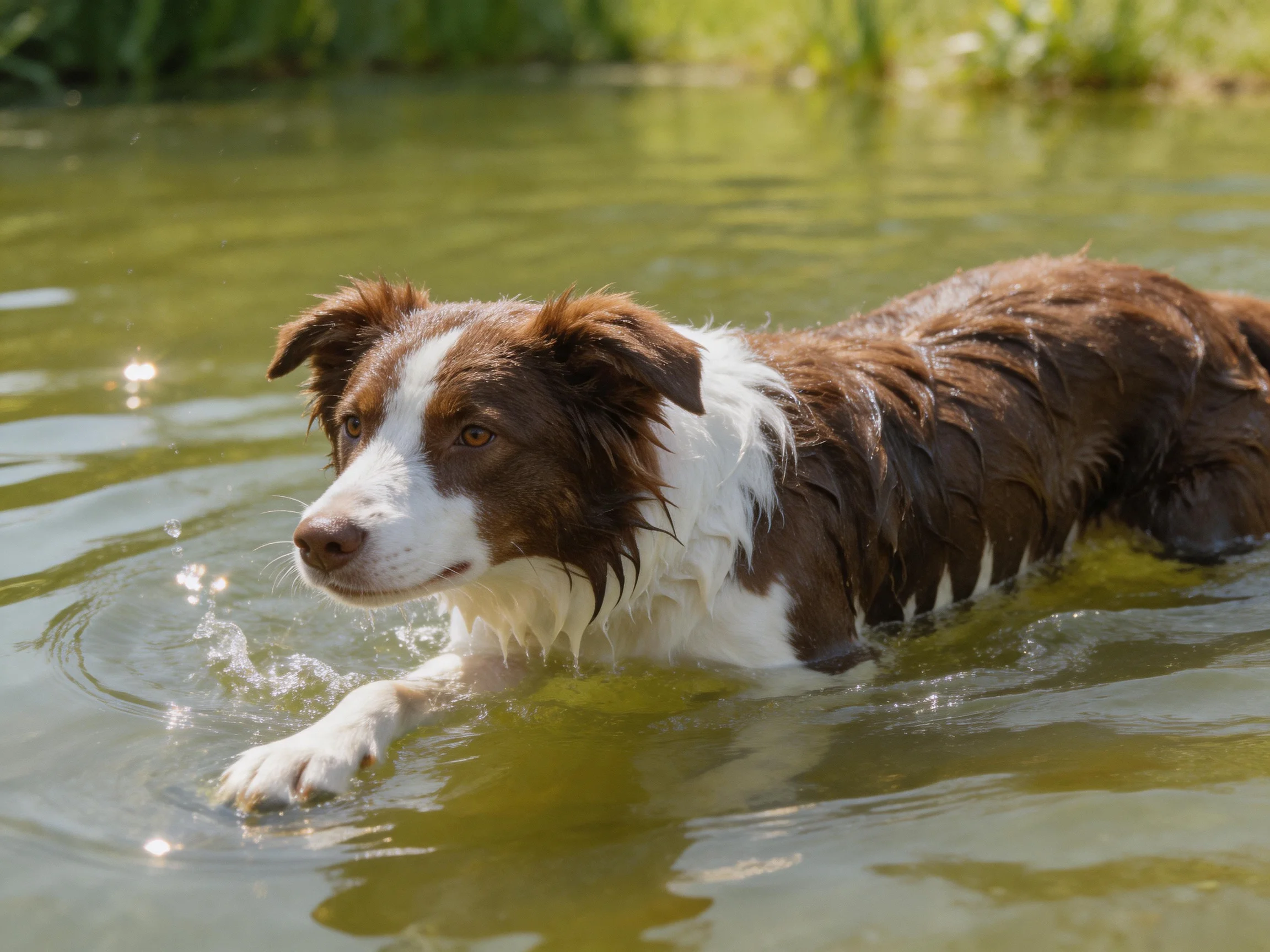 A brown and white dog swims in calm water near vegetation.