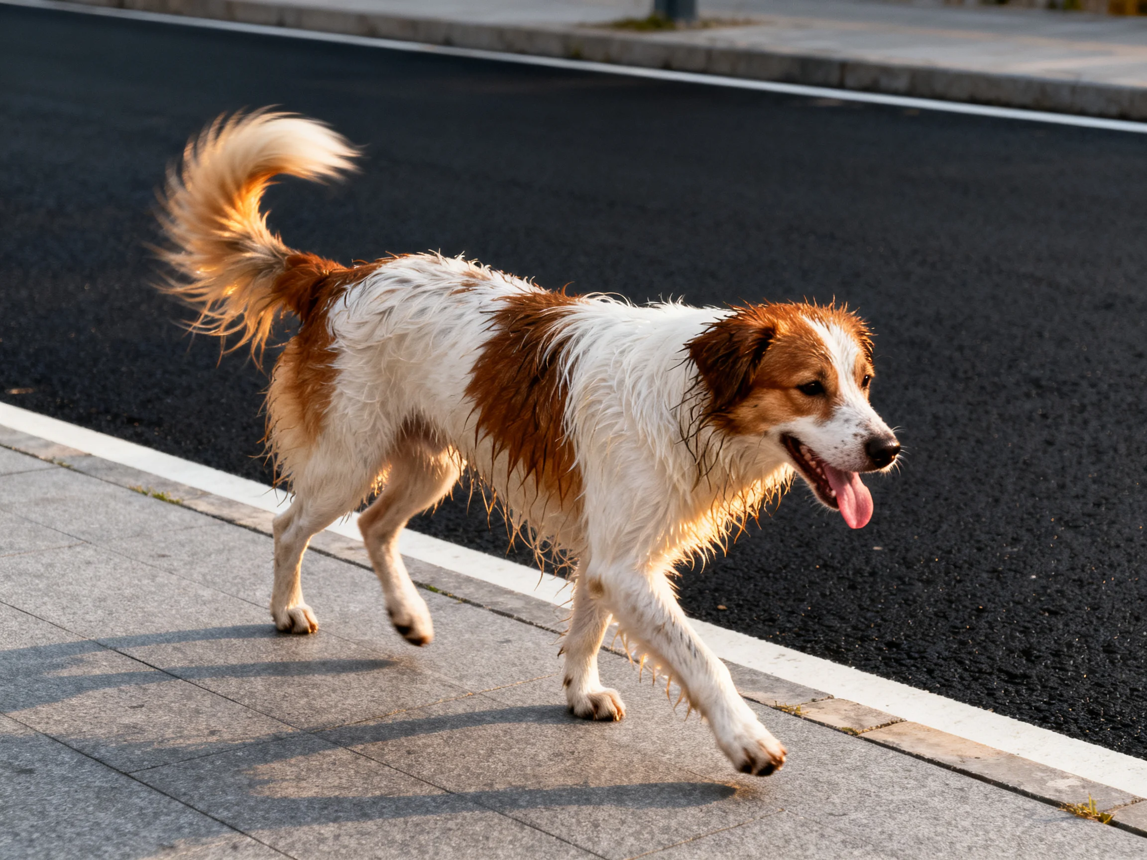 A brown and white dog walks along a paved sidewalk beside an asphalt road