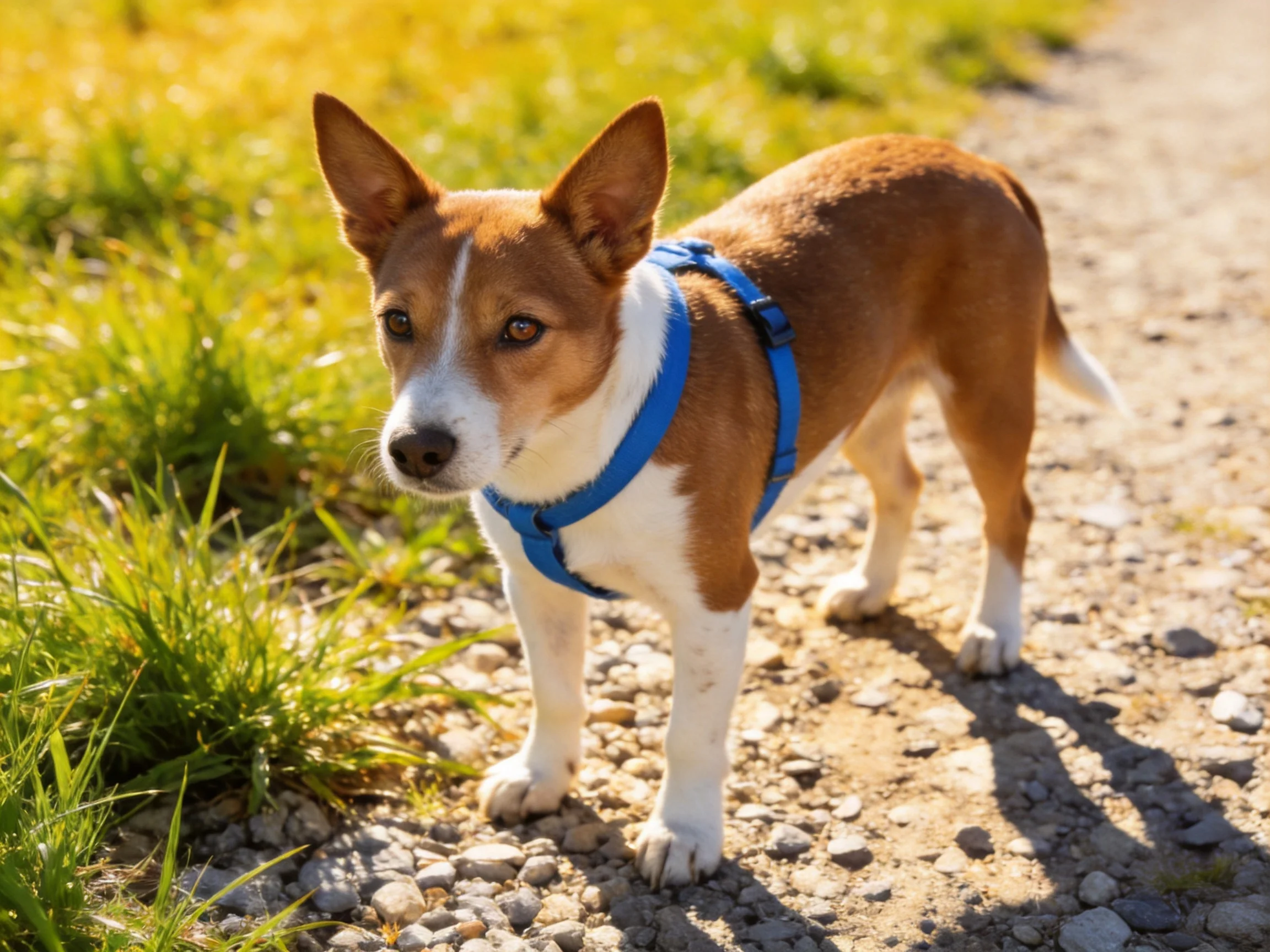 A brown and white dog wearing a blue harness stands on a gravel path