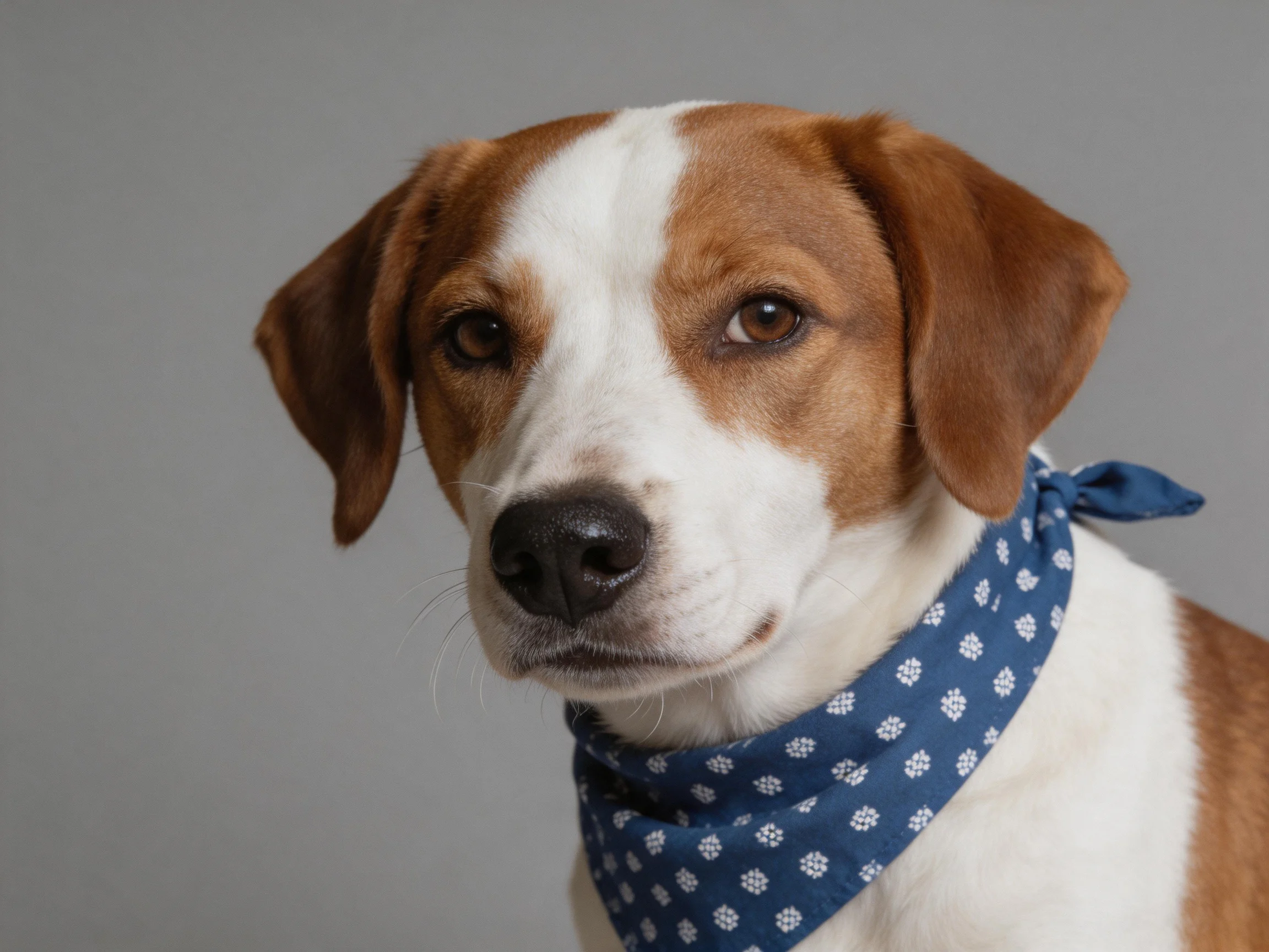 A brown and white dog wearing a blue polka - dotted bandana