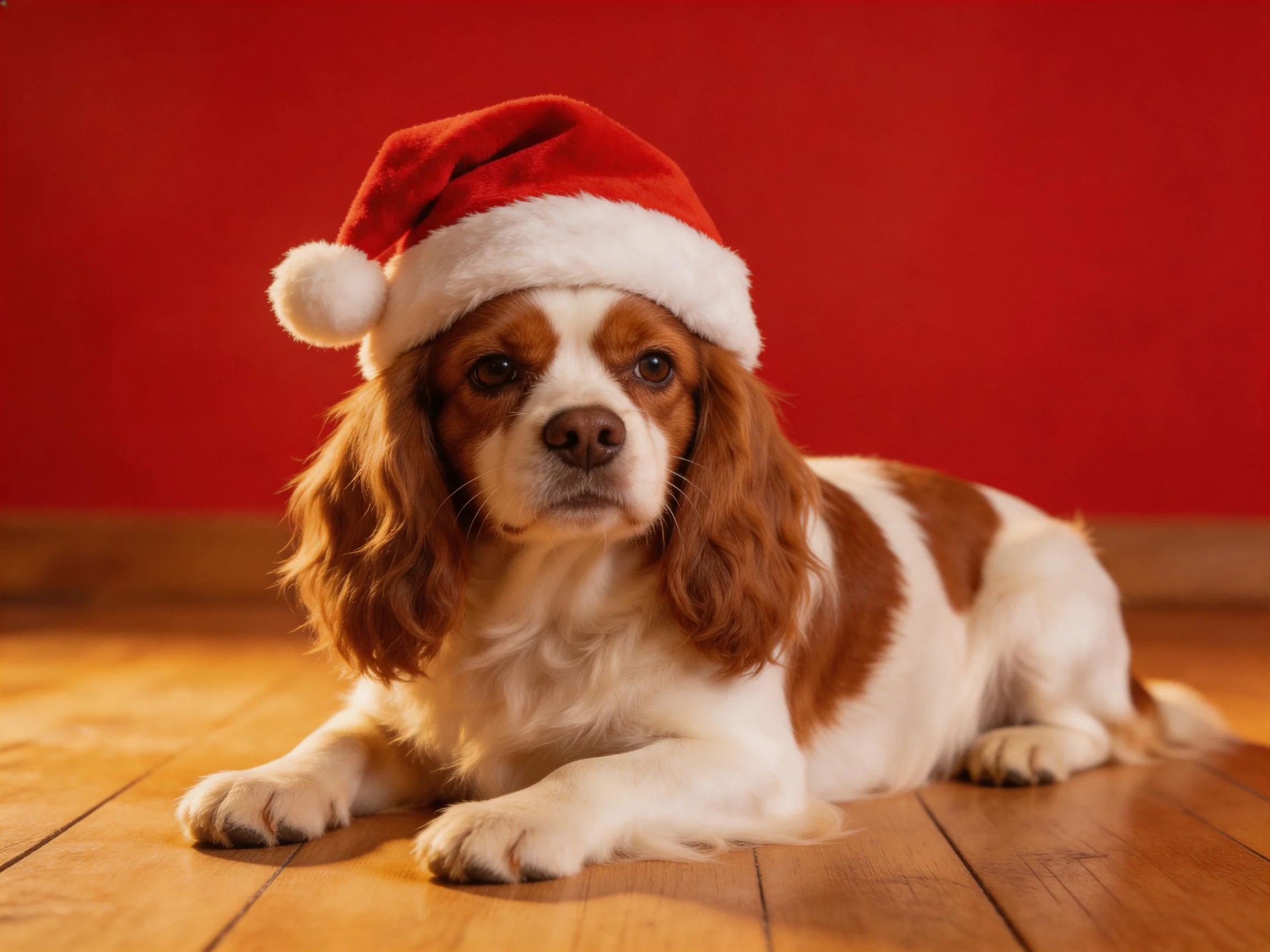 A brown and white dog wearing a red Santa hat lies on wooden flooring.