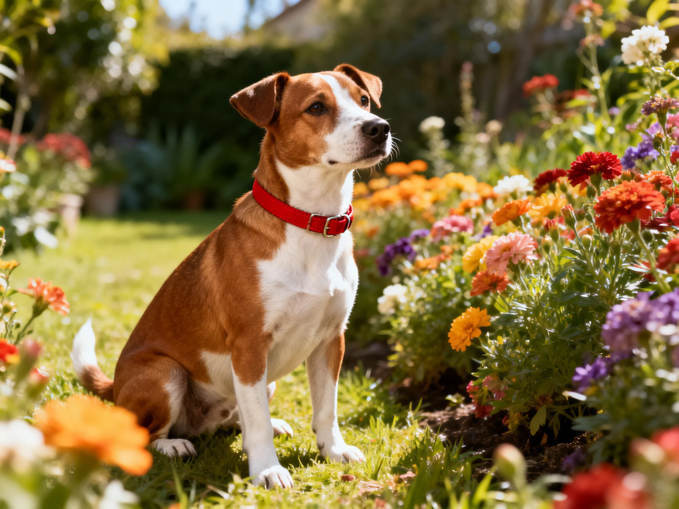 A brown and white dog wearing a red collar sits calmly near colorful flowers in a sunlit garden.
