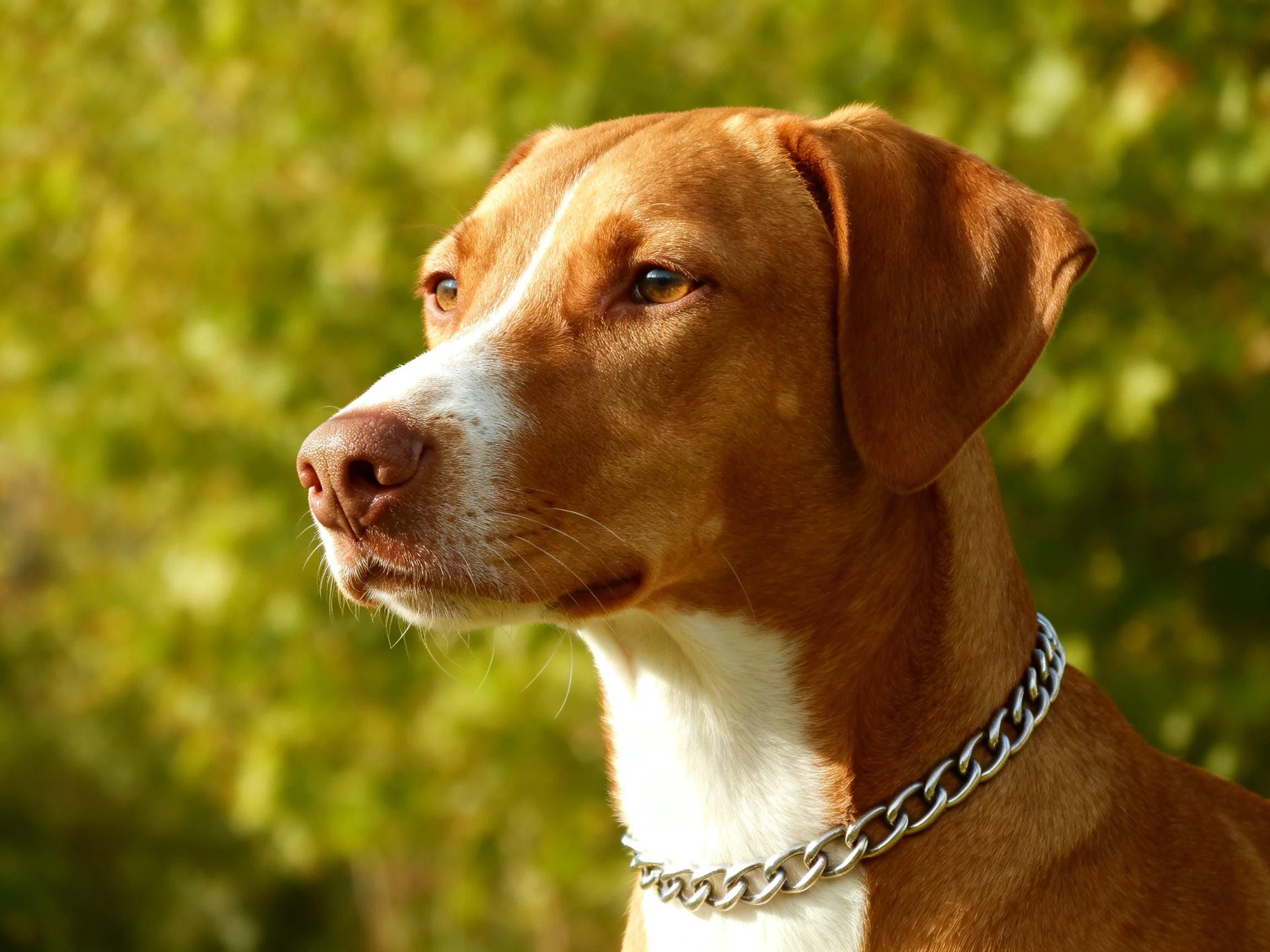 A brown and white dog wearing a silver chain collar outdoors