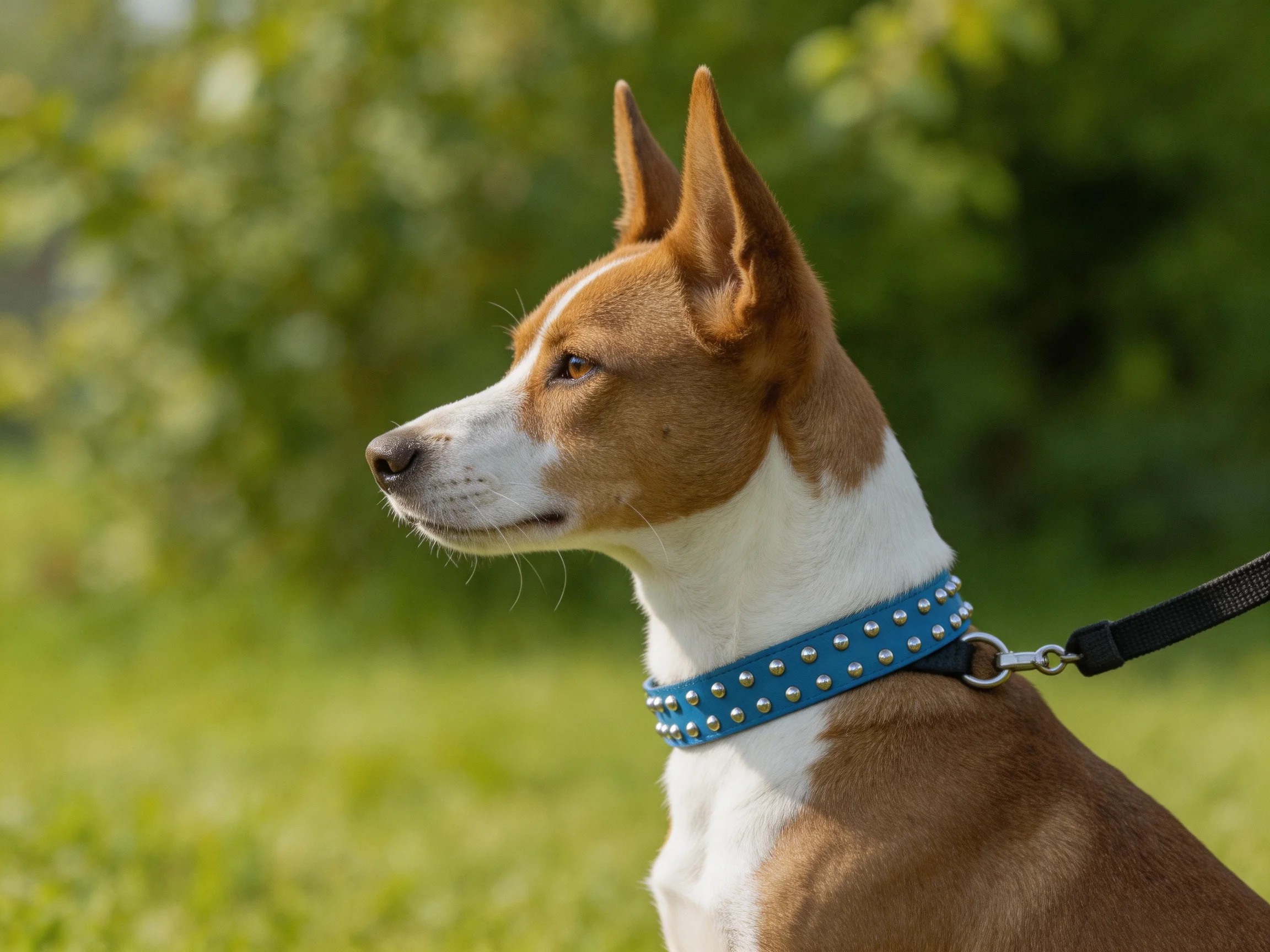 A brown and white dog wears a blue studded collar in a green park