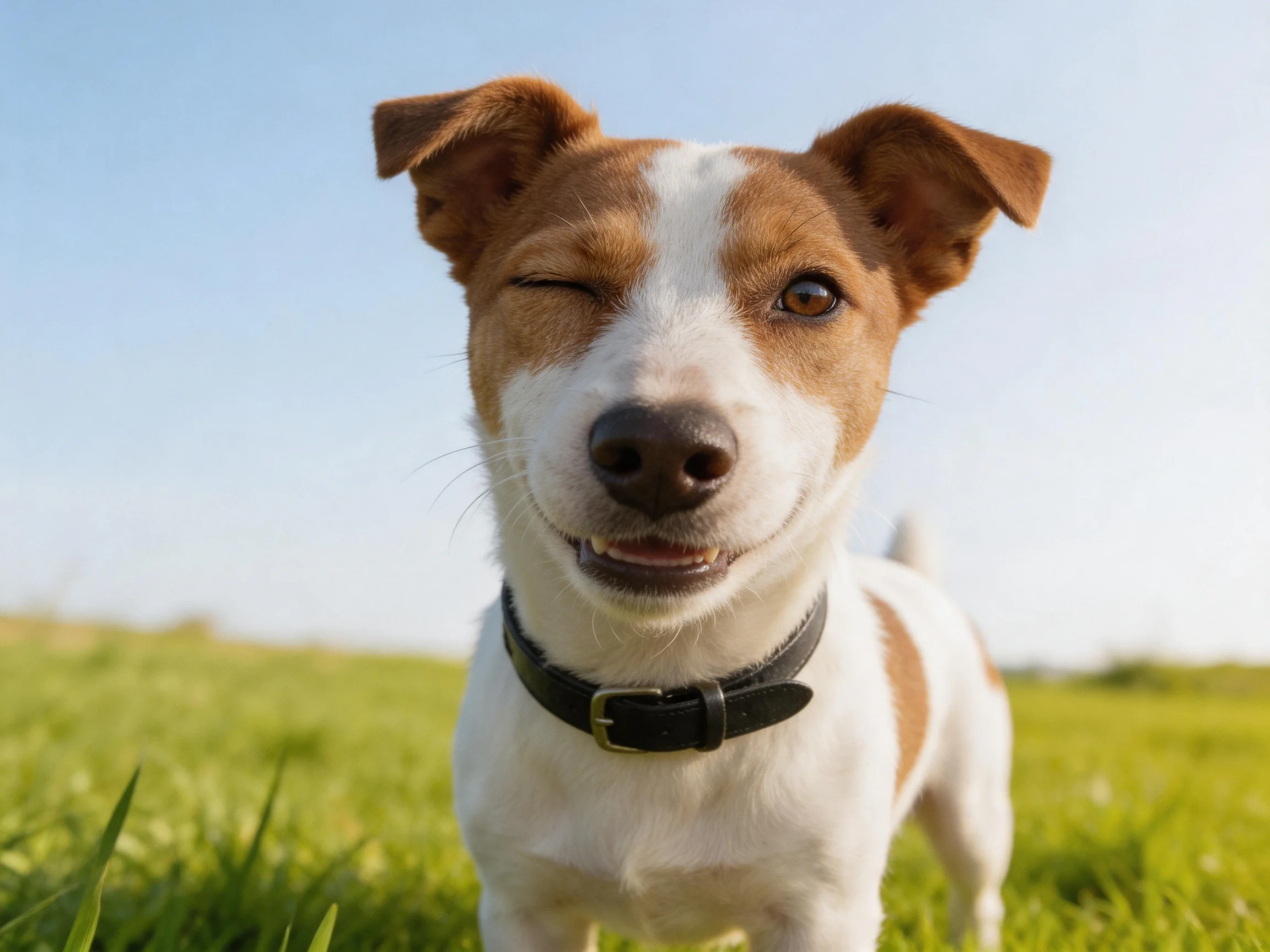 A brown-and-white dog winks happily in a sunlit grassy area.