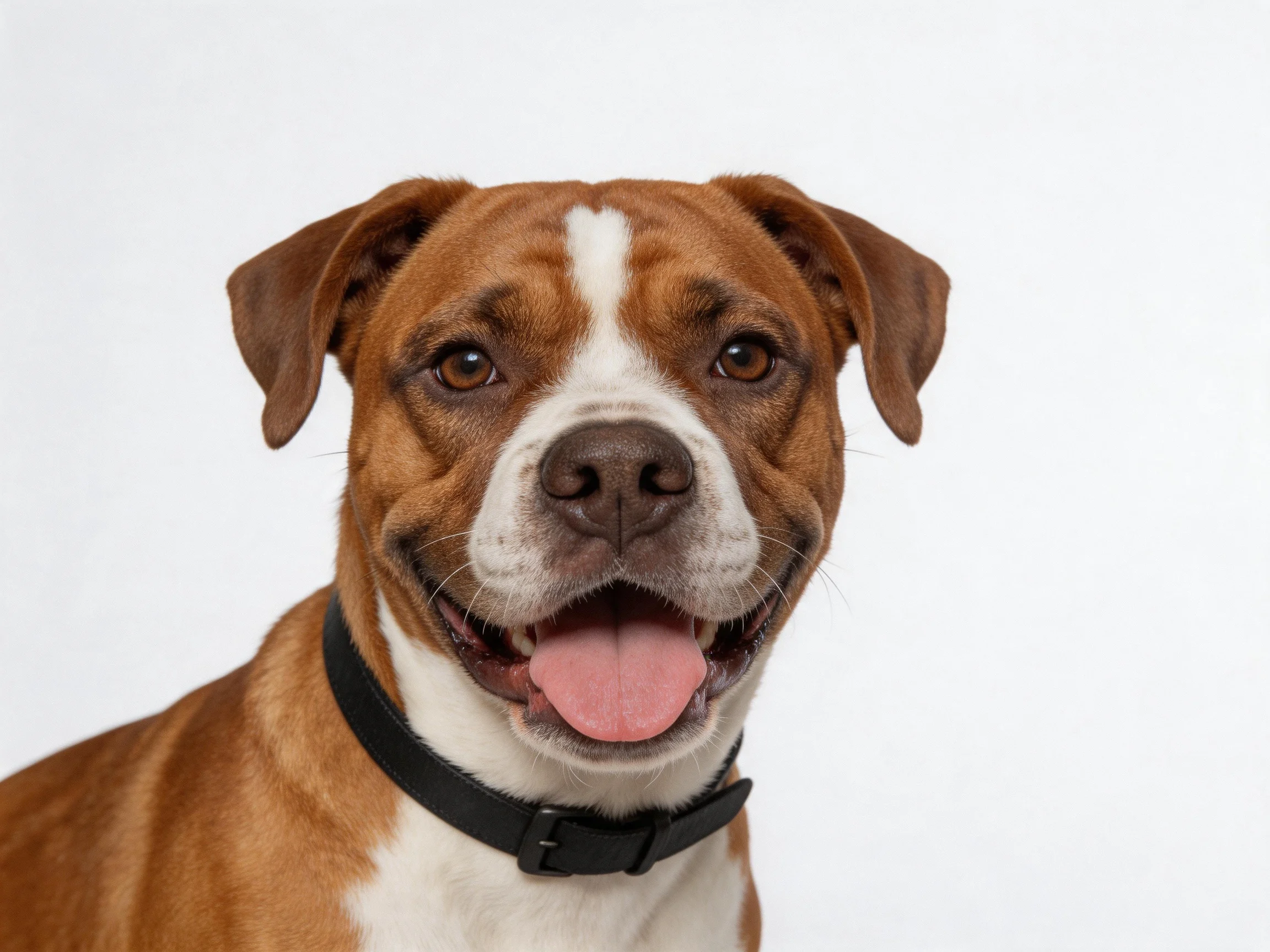 A brown and white dog with a black collar stands against a white background