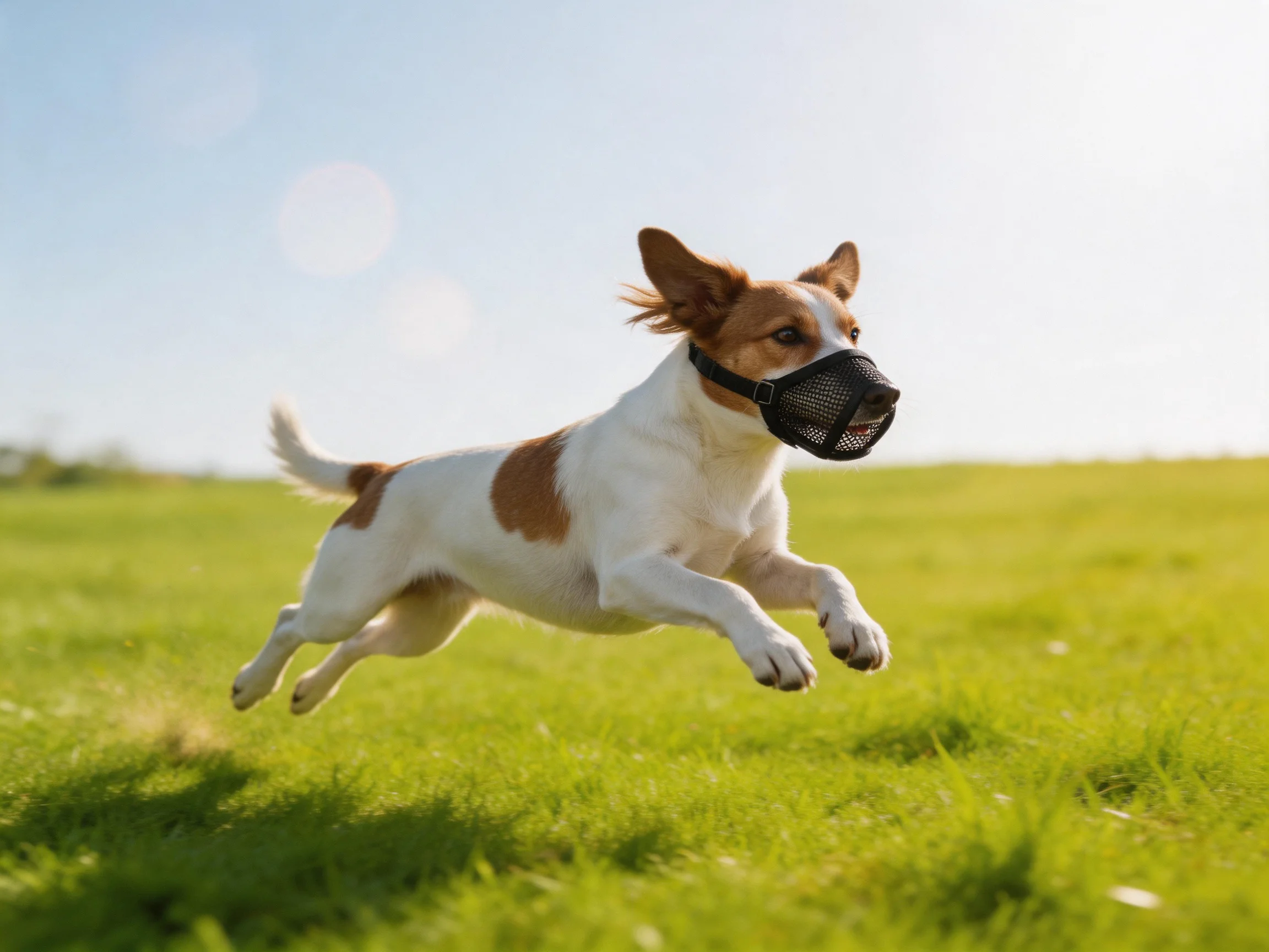 A dog wearing a black muzzle jumps across grass in a sunlit field