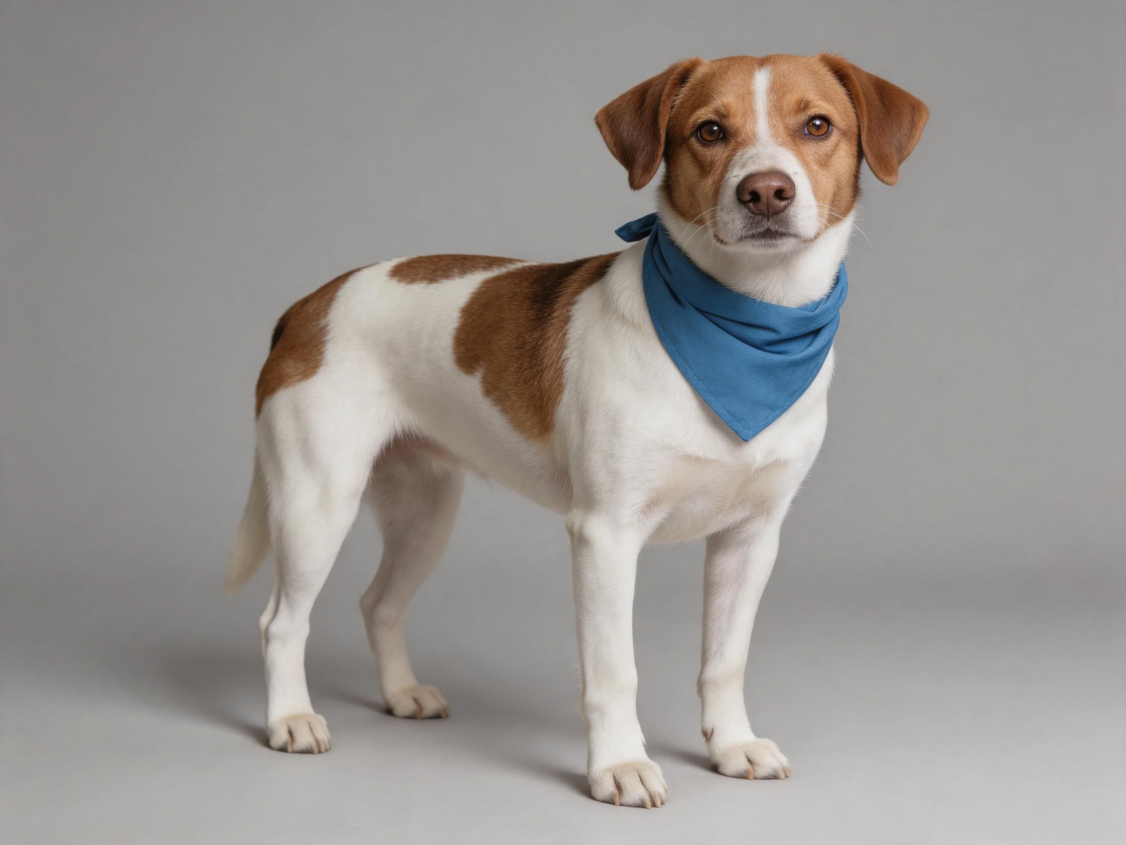 A brown and white dog with a blue bandana stands on a plain gray surface.