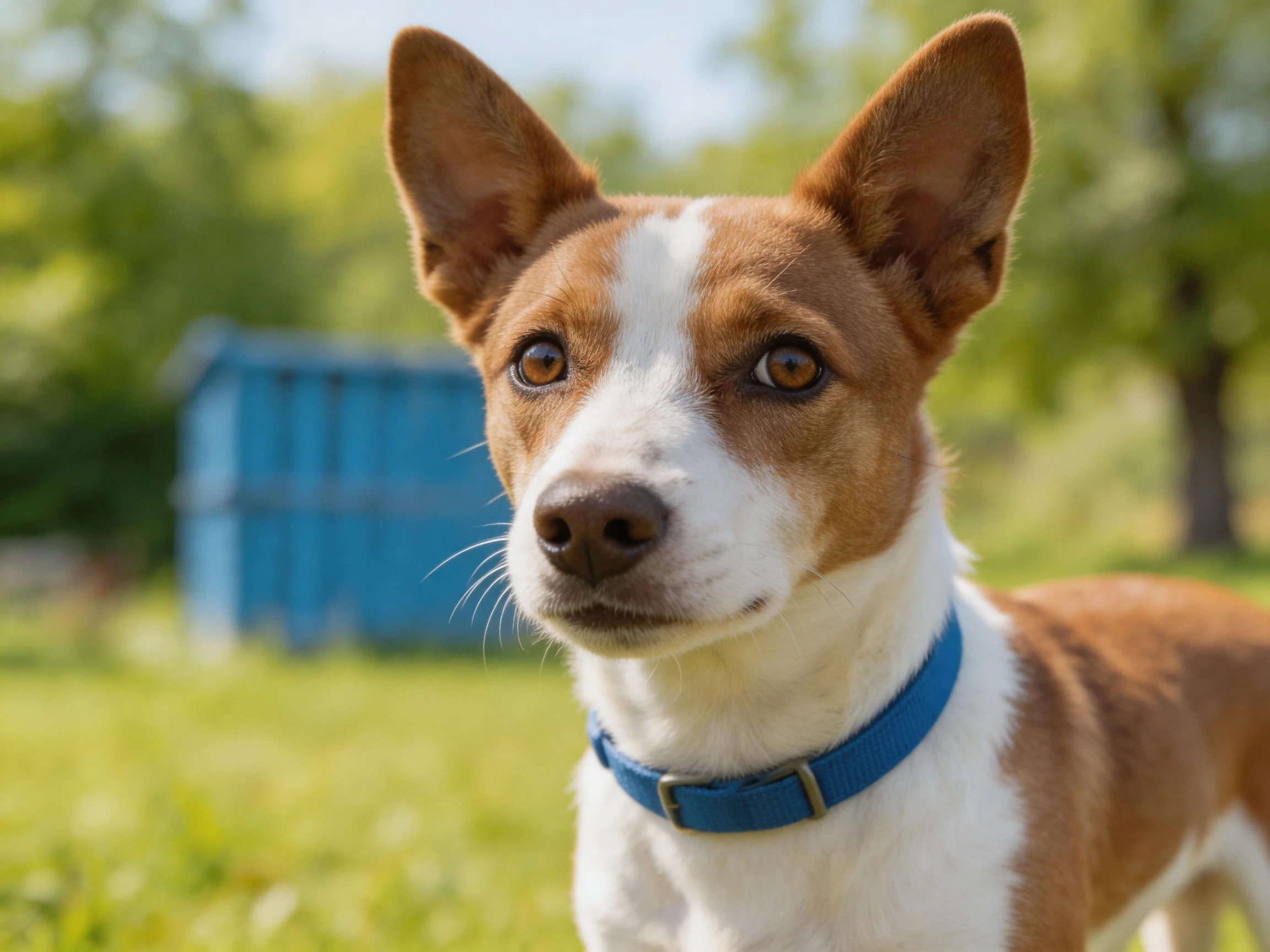 A brown and white dog with a blue collar stands outdoors amid greenery.