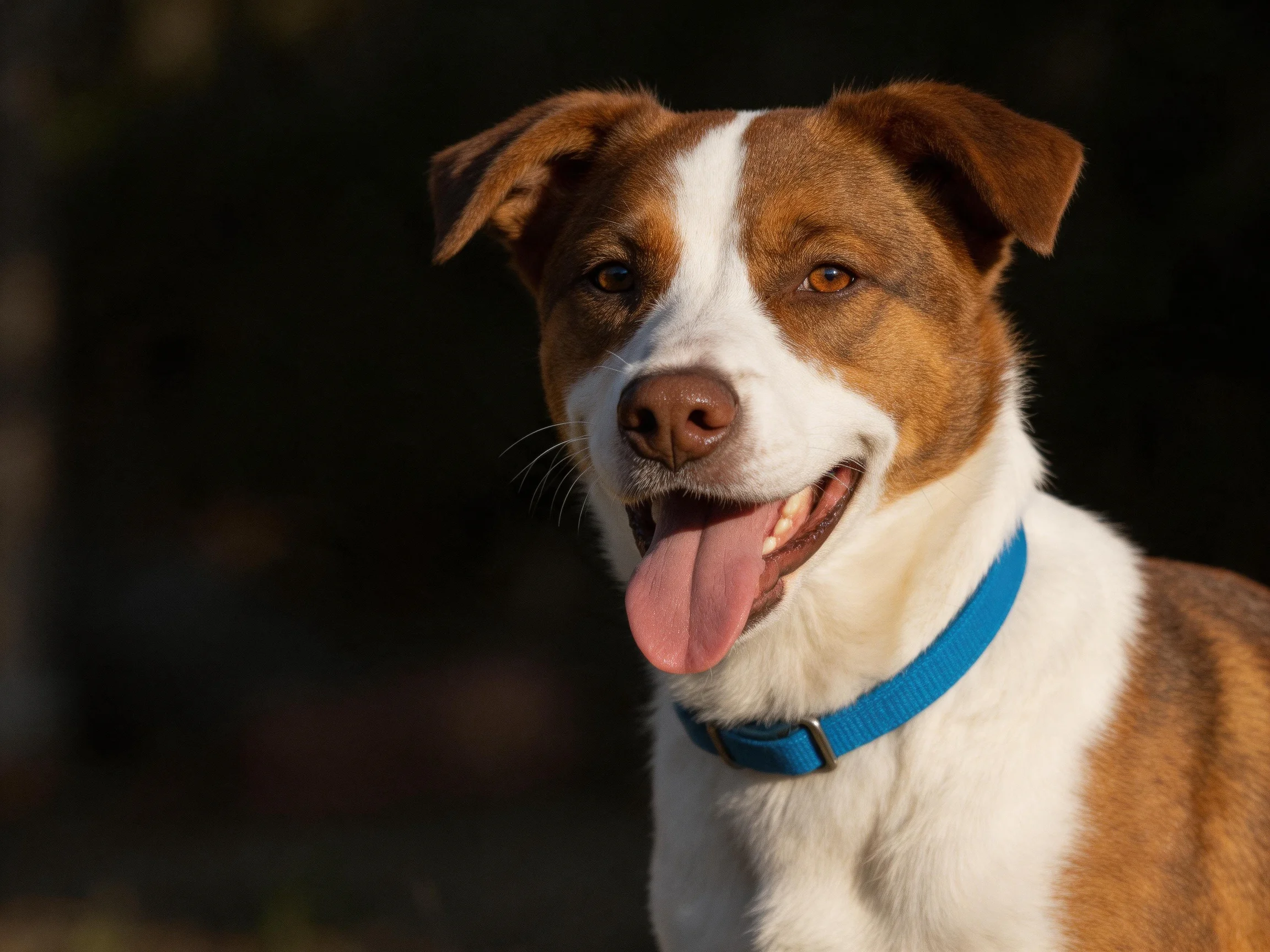A brown and white dog with a blue collar looks cheerful.