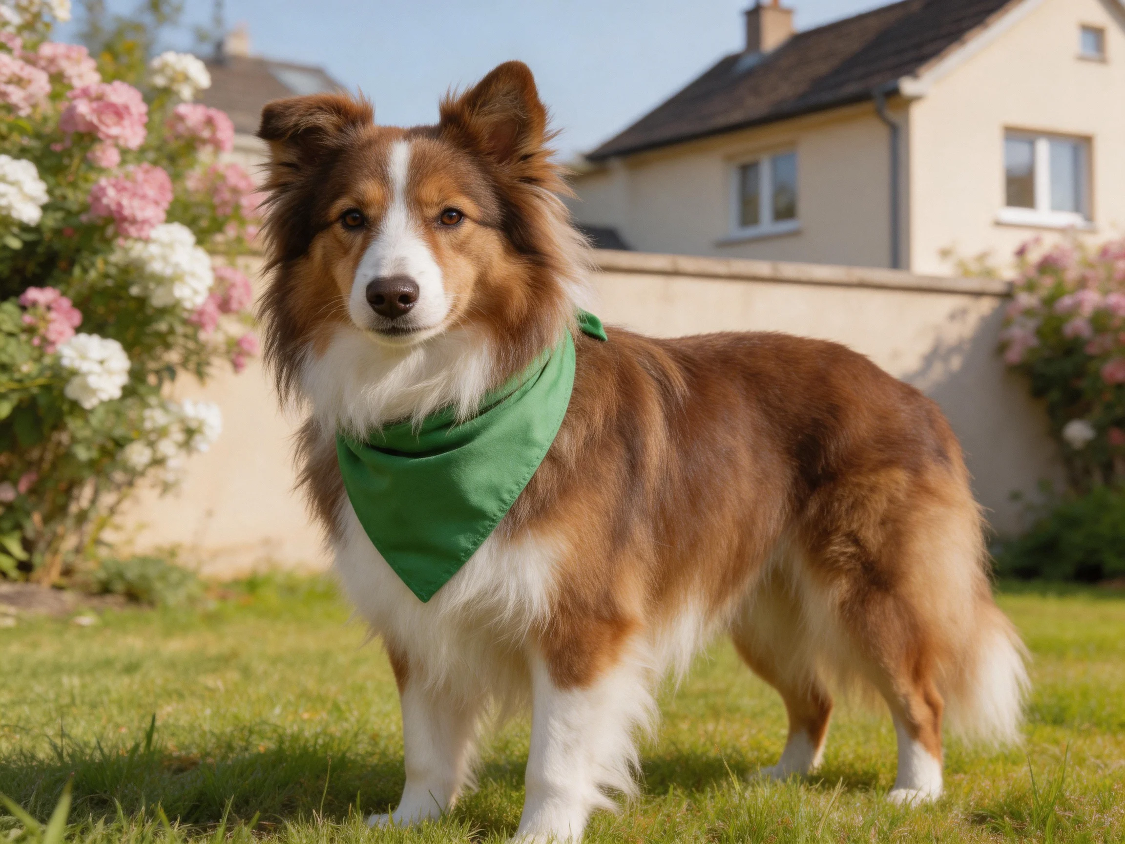 A brown and white dog with a green bandana stands in a sunlit backyard.