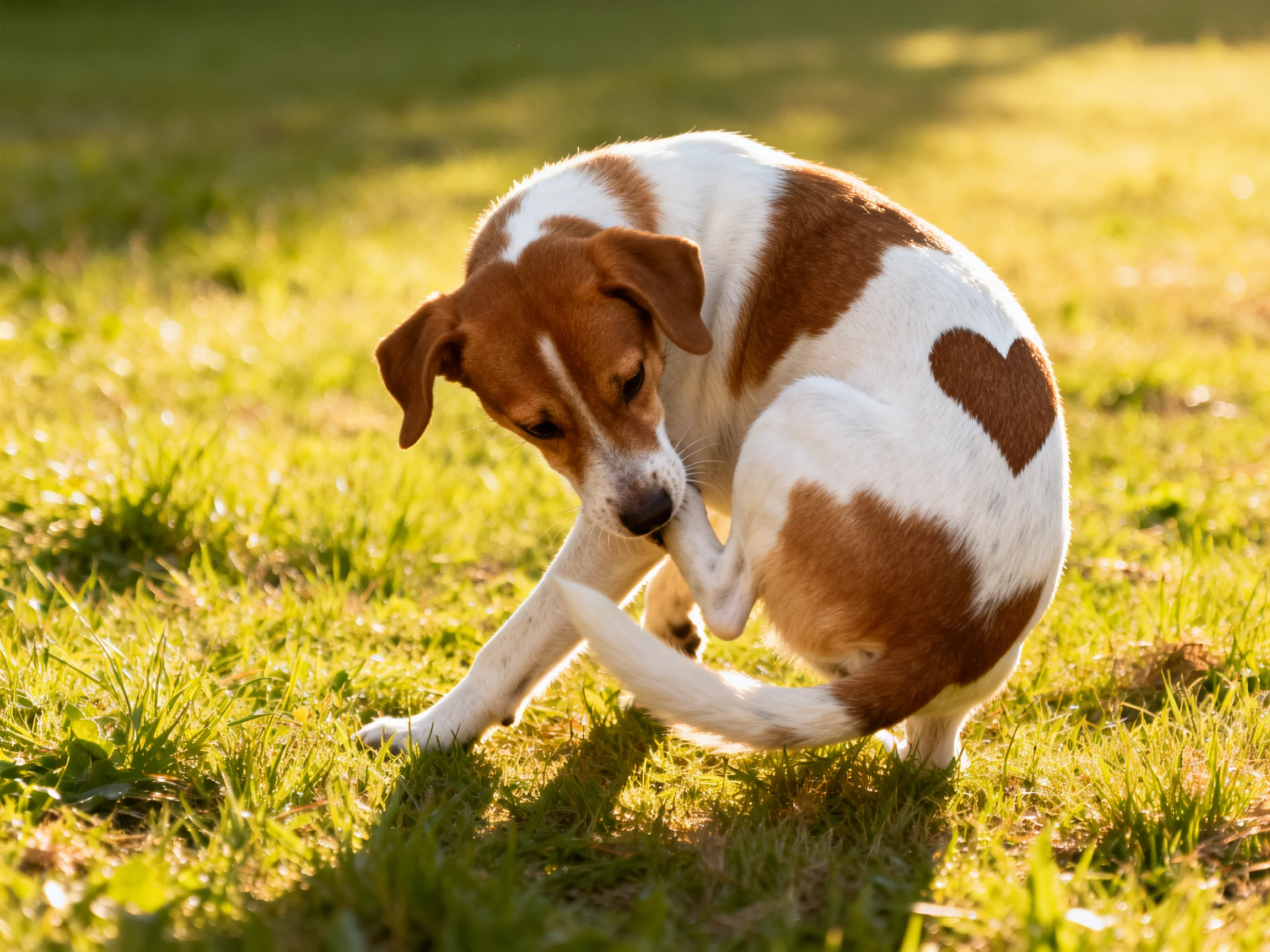 A brown and white dog scratches its leg on a sunlit grassy lawn.