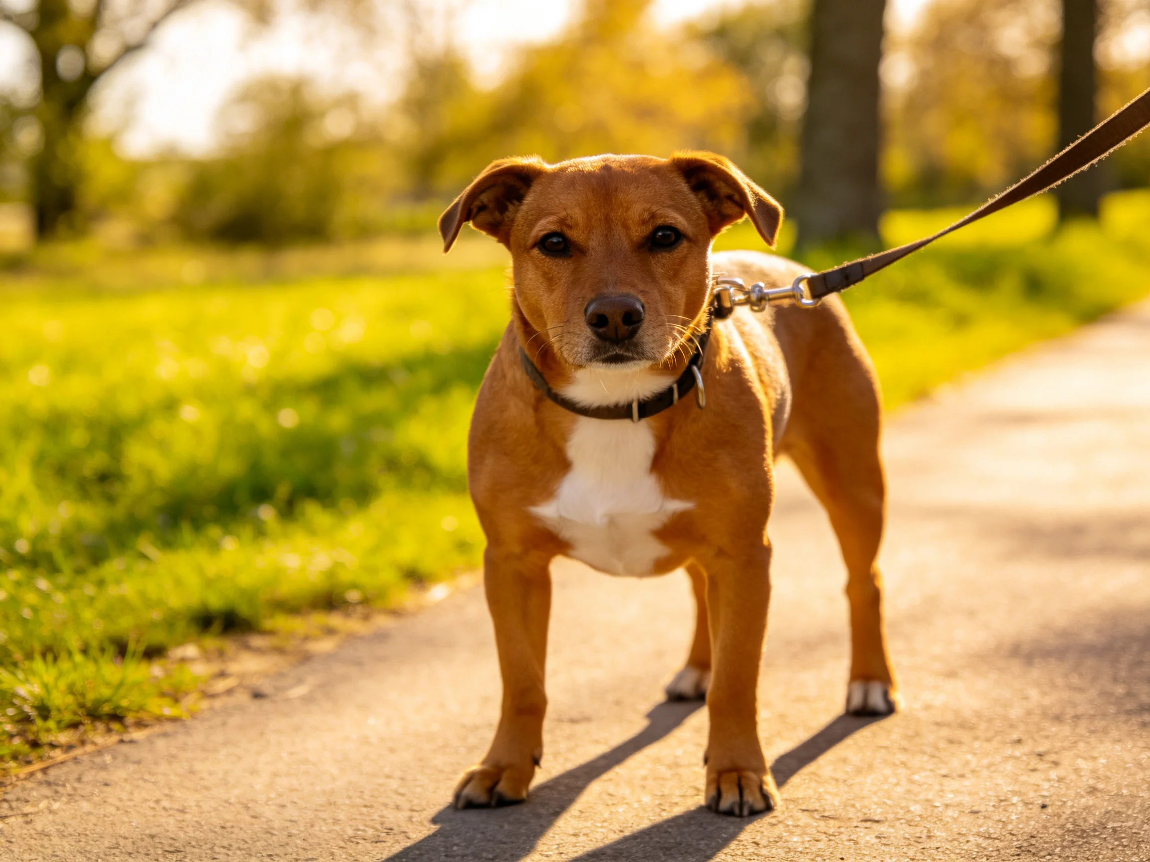 A brown and white dog with a leash stands on a sunlit park path