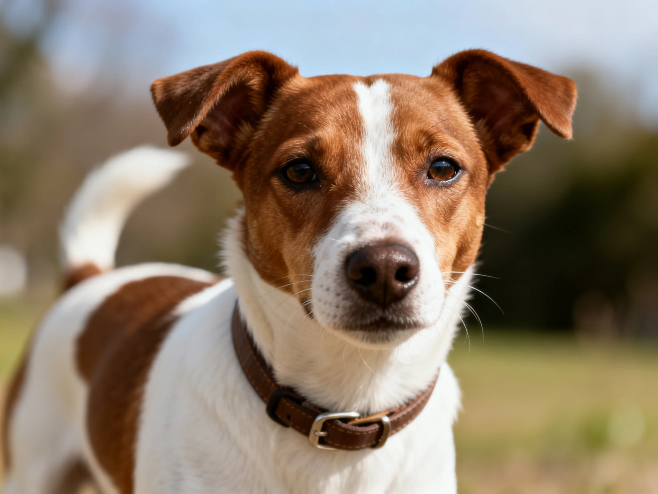 A brown and white dog with a leather collar in an outdoor setting