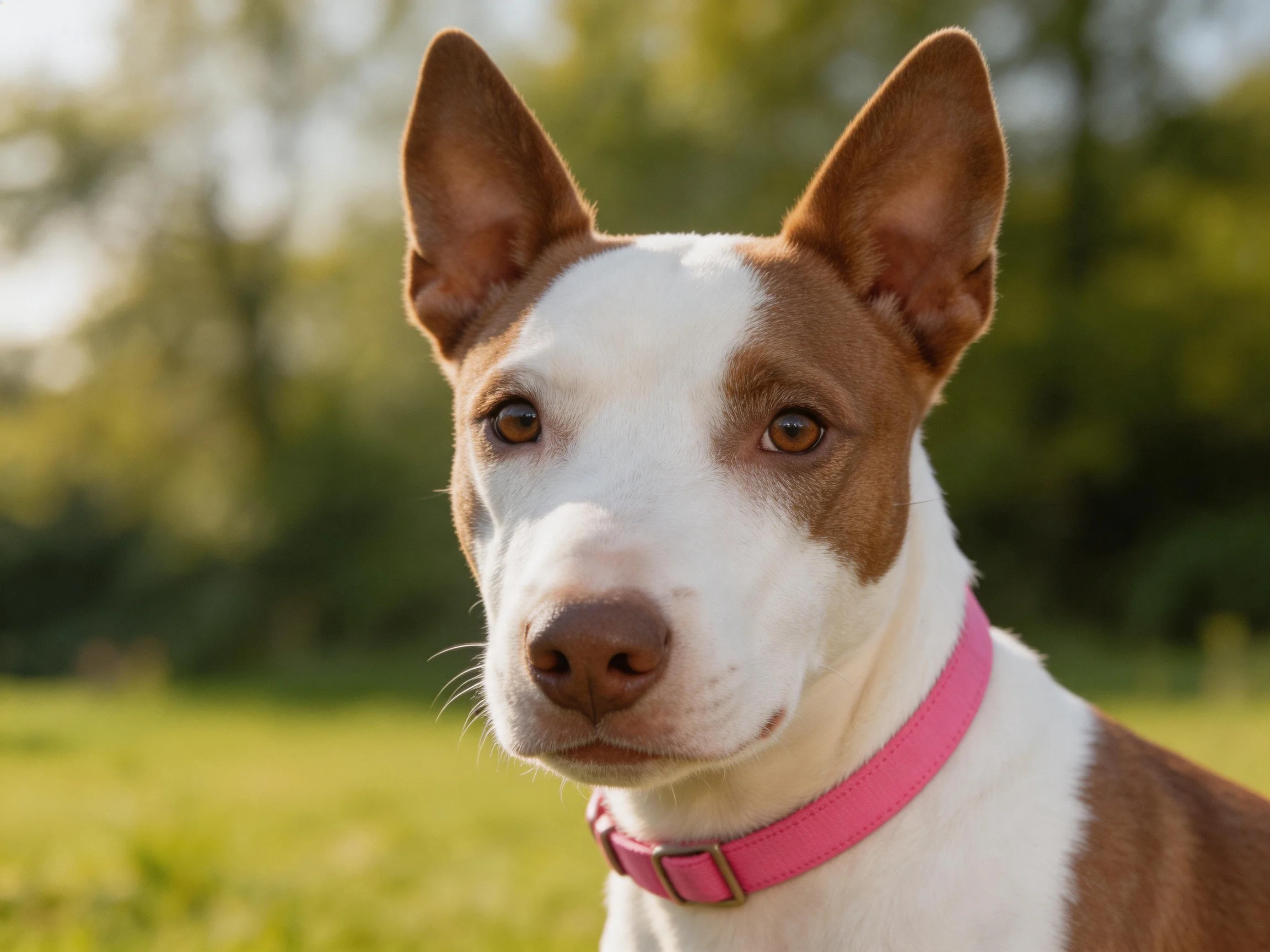 A brown and white dog wearing a pink collar is outdoors in a sunlit area.