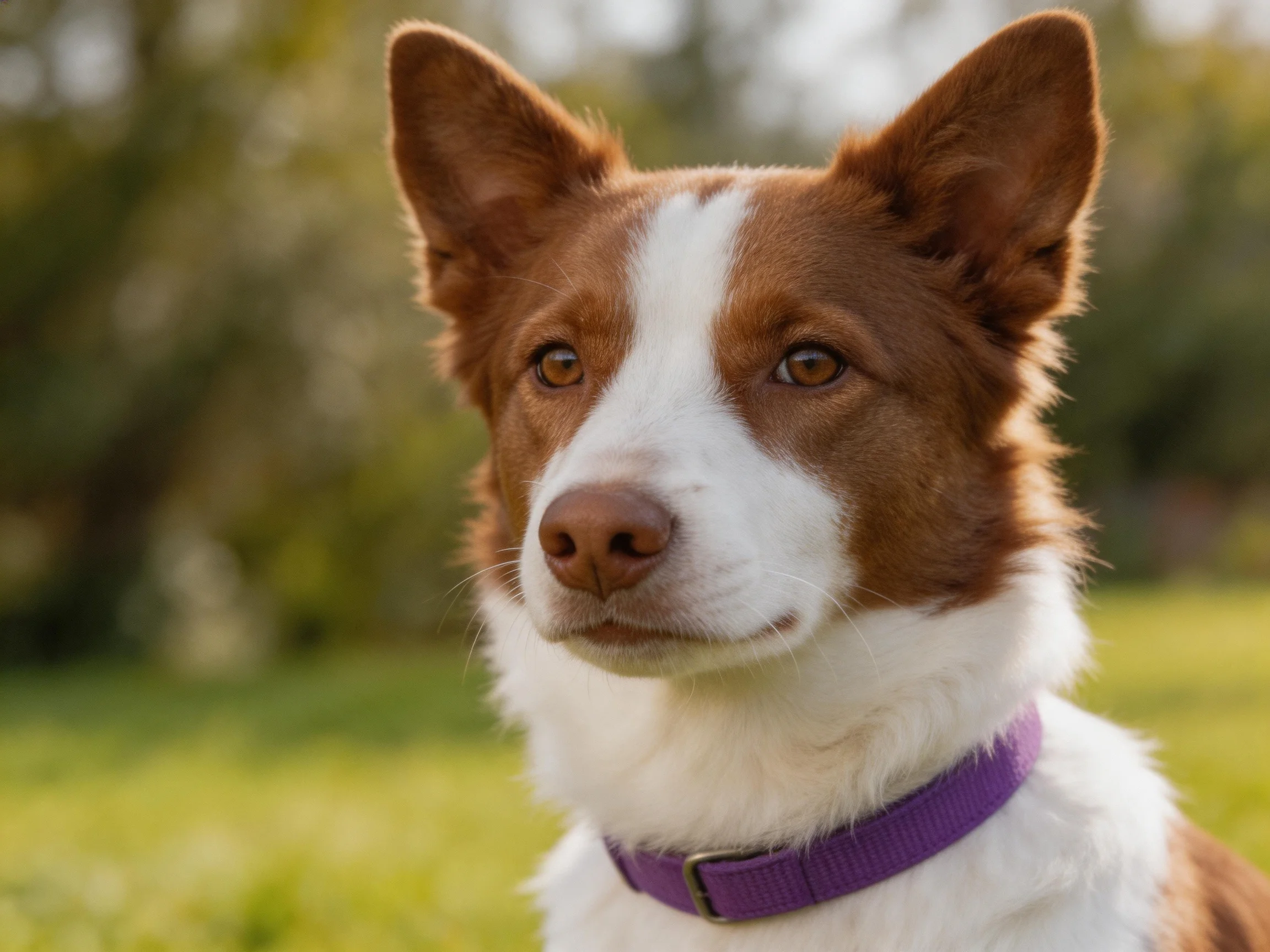 A brown and white dog stands in a sunlit outdoor area.