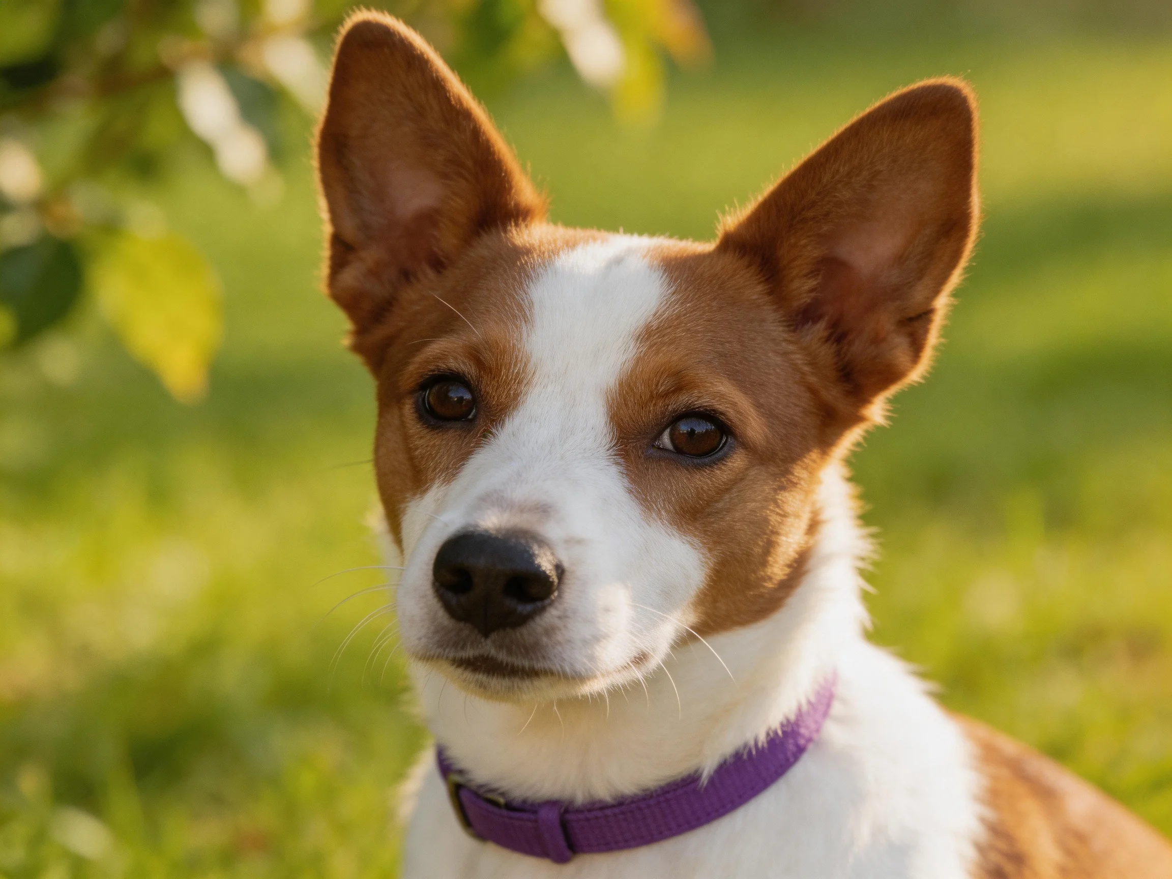 A brown and white dog with a purple collar stands in a sunlit green area.