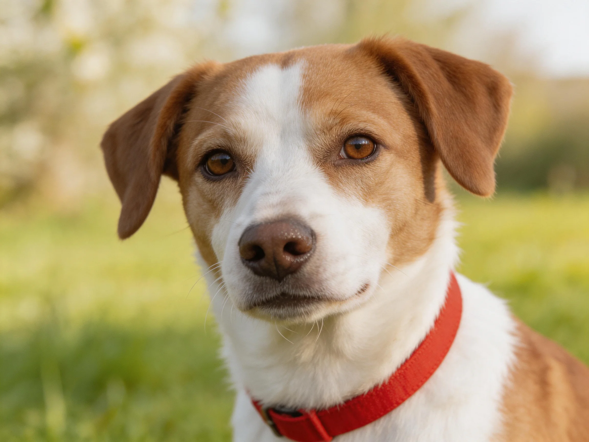 A brown and white dog wearing a red collar is in a sunlit grassy area.
