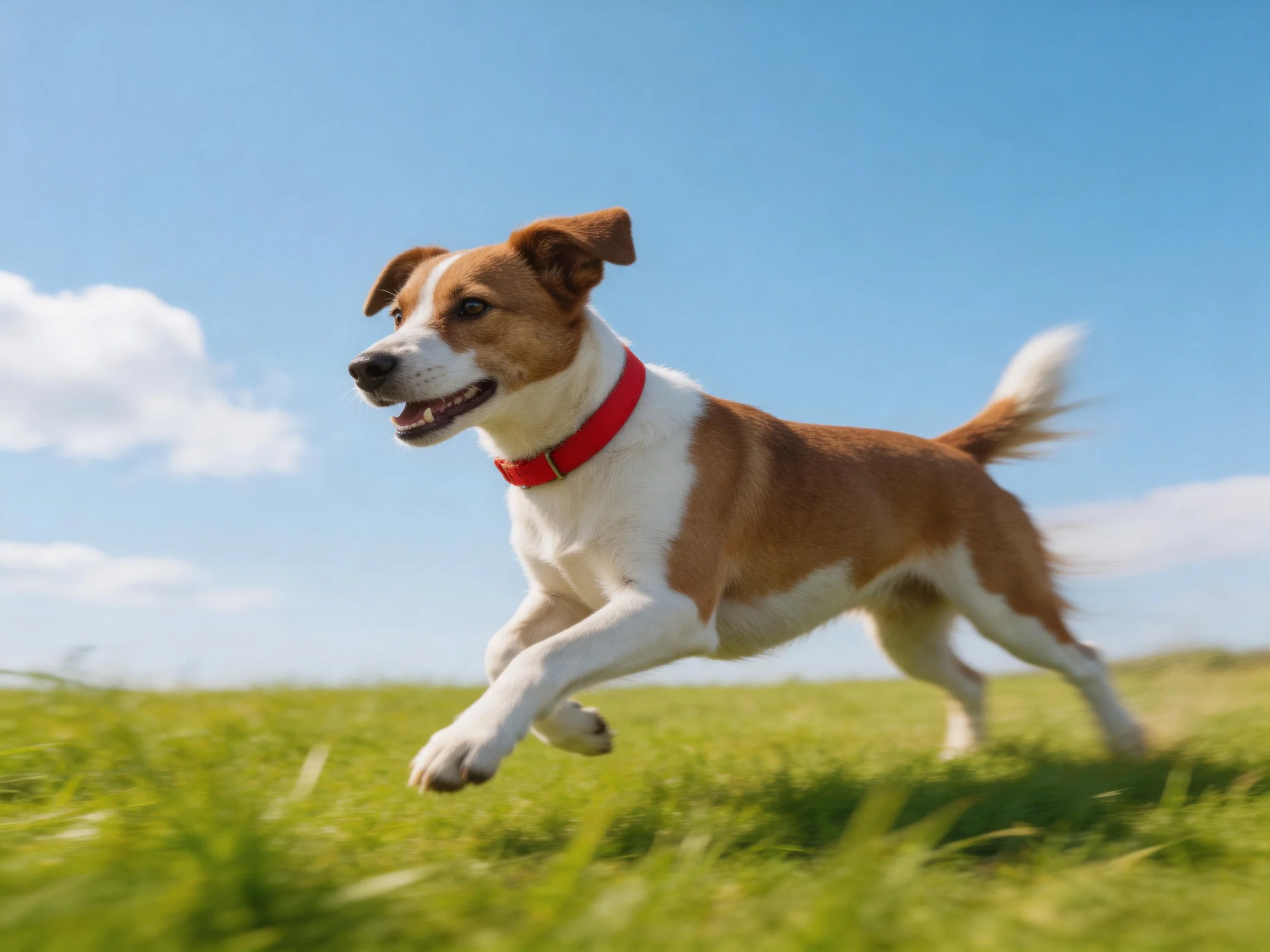 A brown and white dog runs joyfully through a grassy meadow under a clear blue sky.