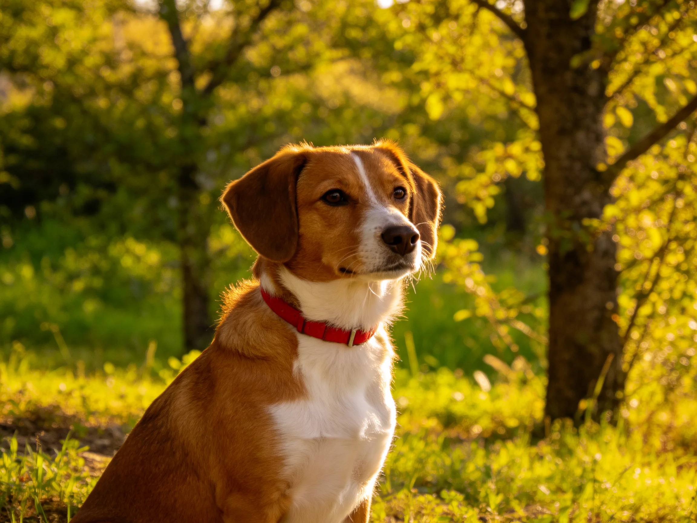 A brown and white dog with a red collar sits in a sunlit forest.
