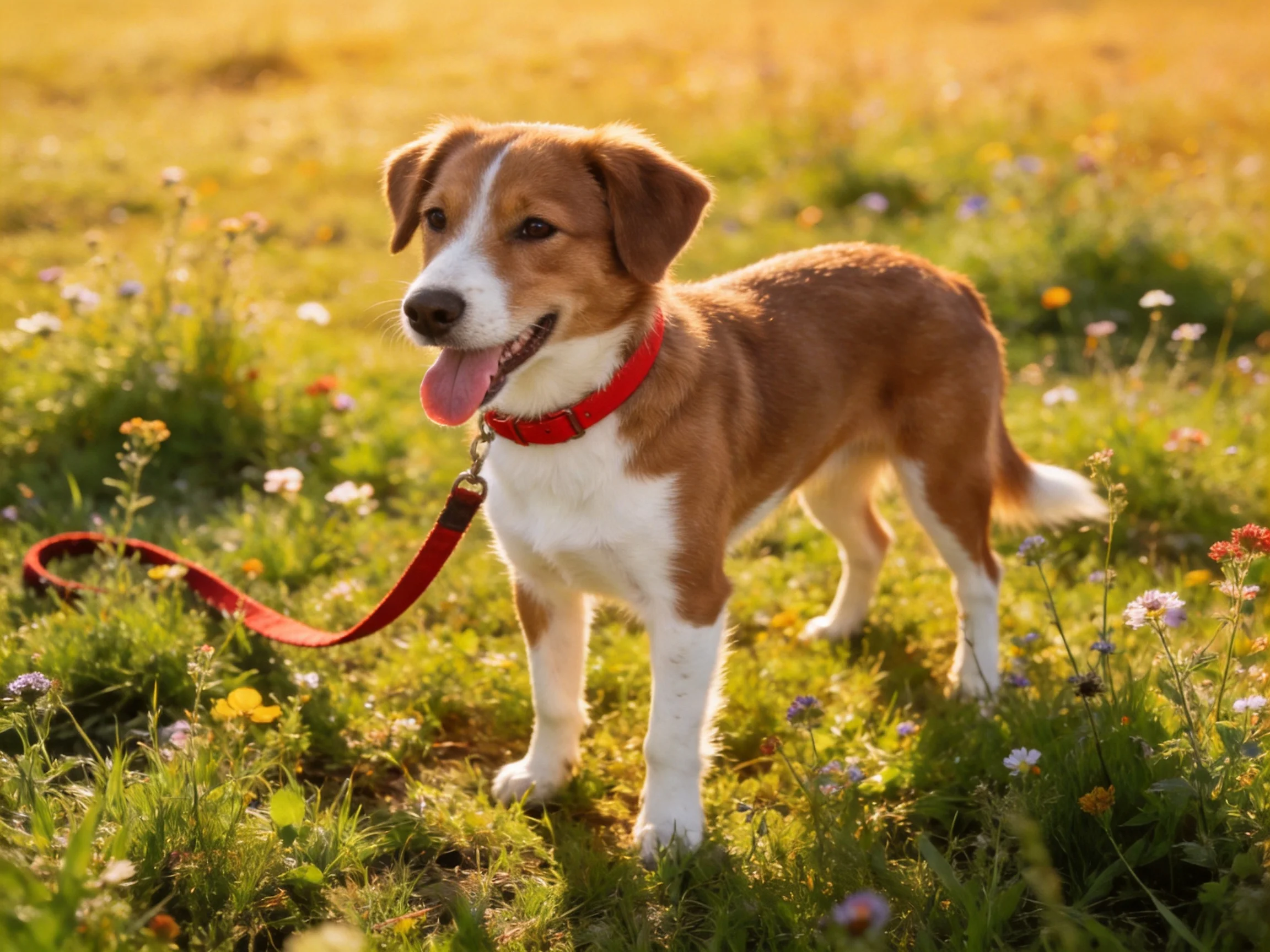 A brown and white dog with a red collar stands in a flower-filled meadow.