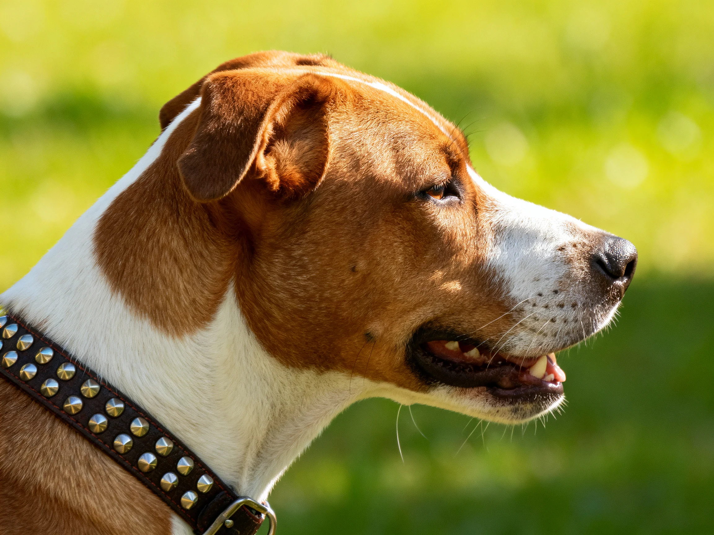 A brown and white dog with a spiked collar is outdoors in bright sunlight.