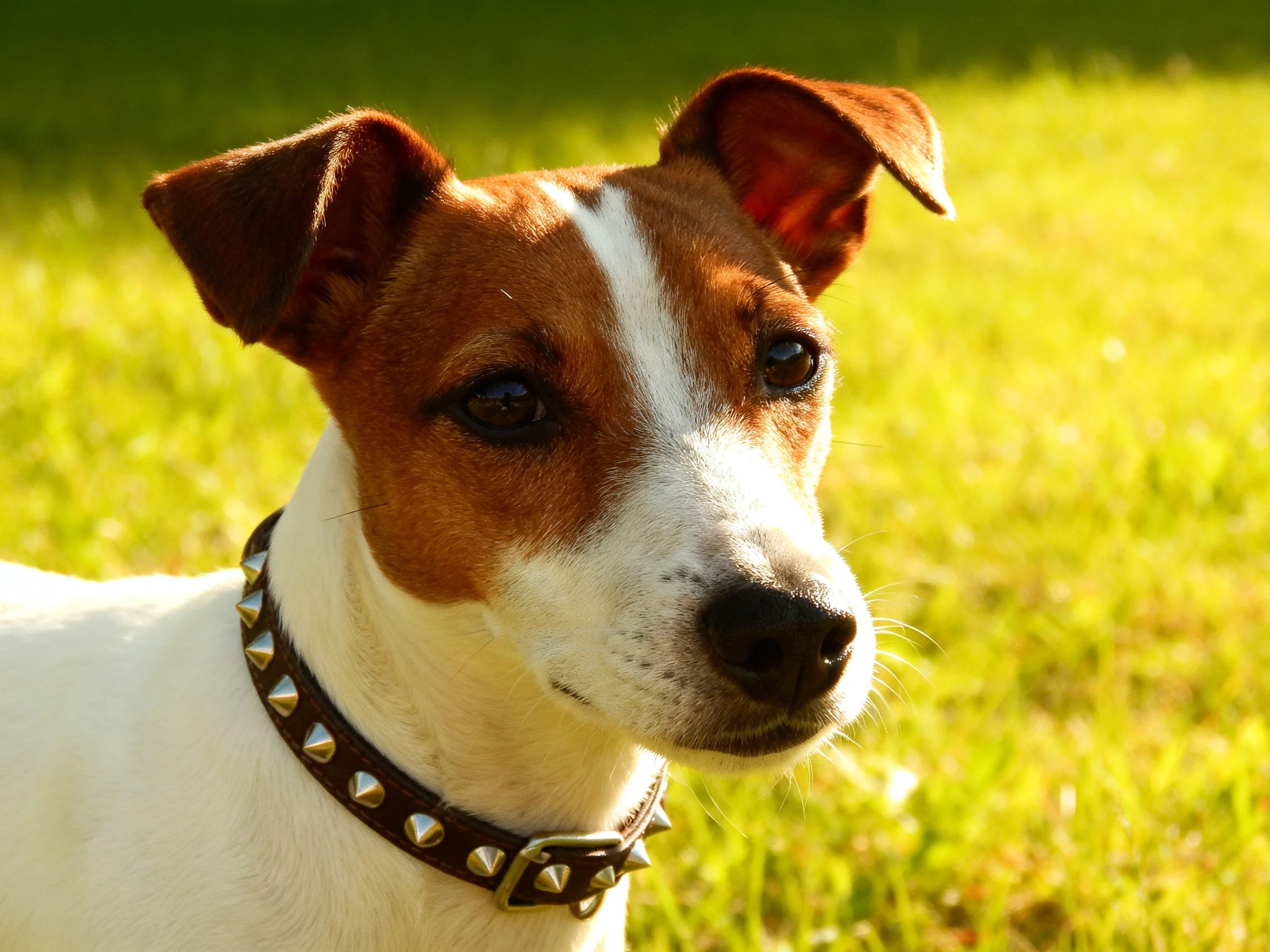 A brown-and-white dog with a spiked collar in a sunny grassy field