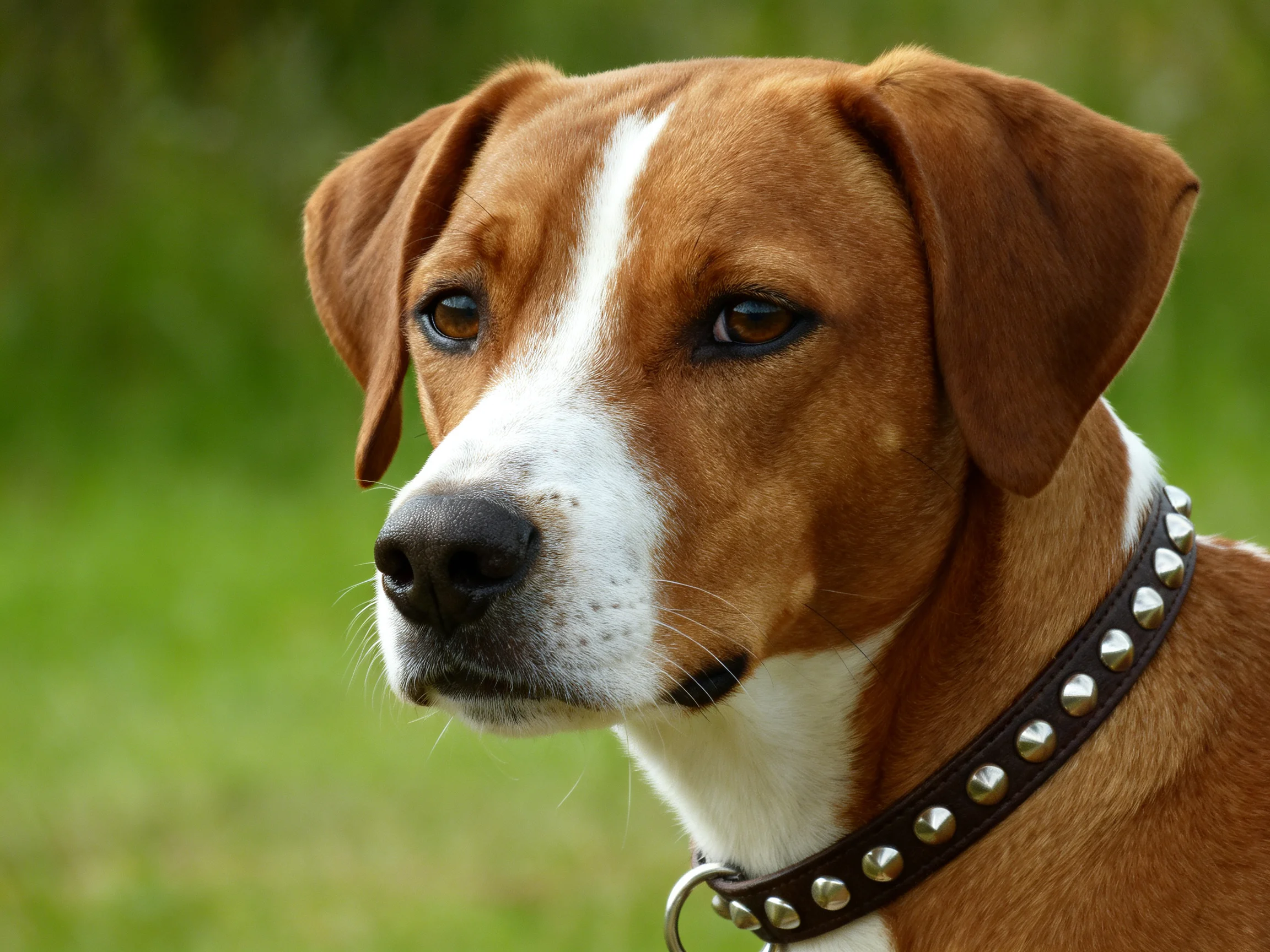 A brown and white dog with a studded collar in a green field
