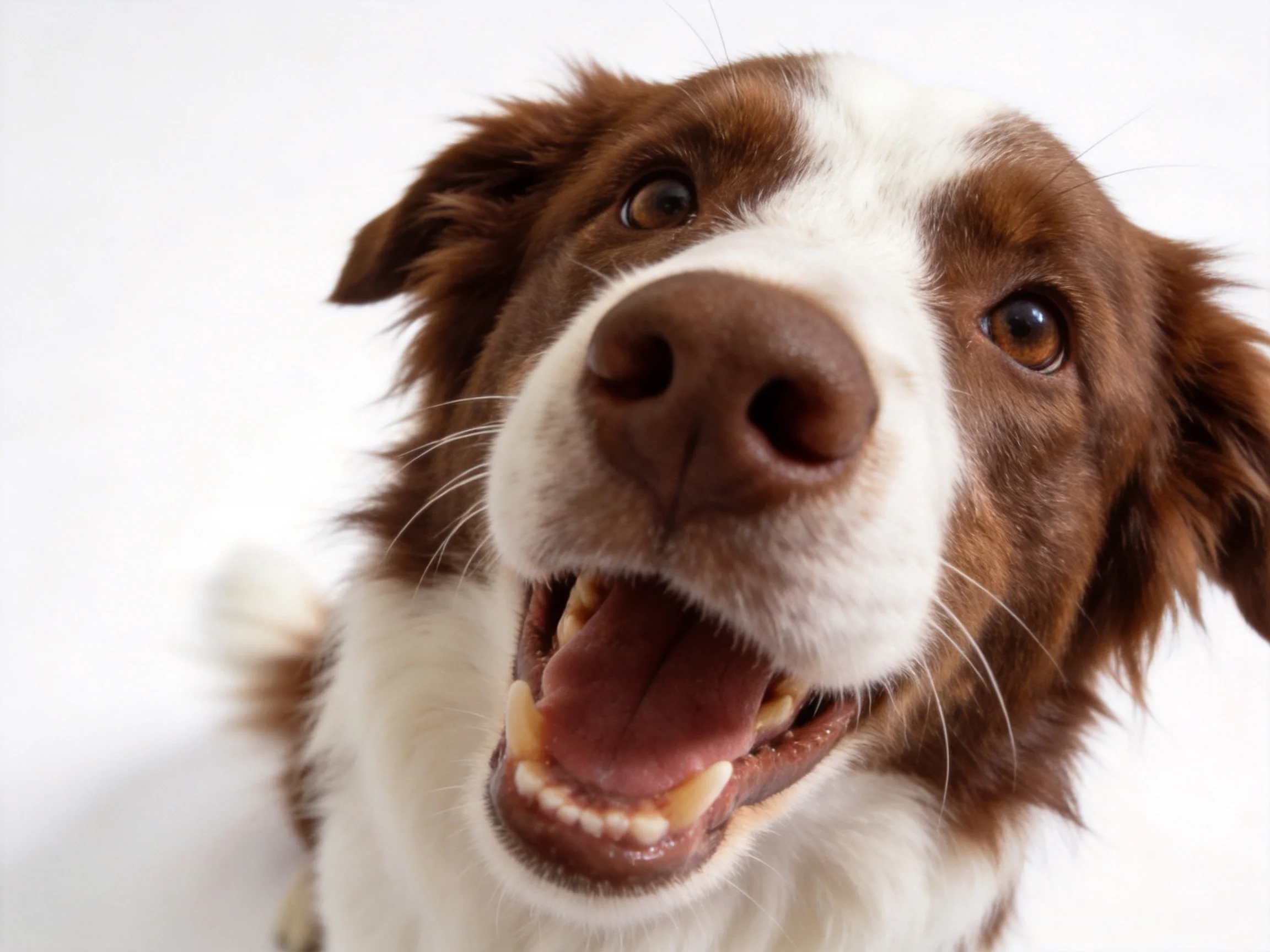 A brown and white dog with an open mouth against a plain white background