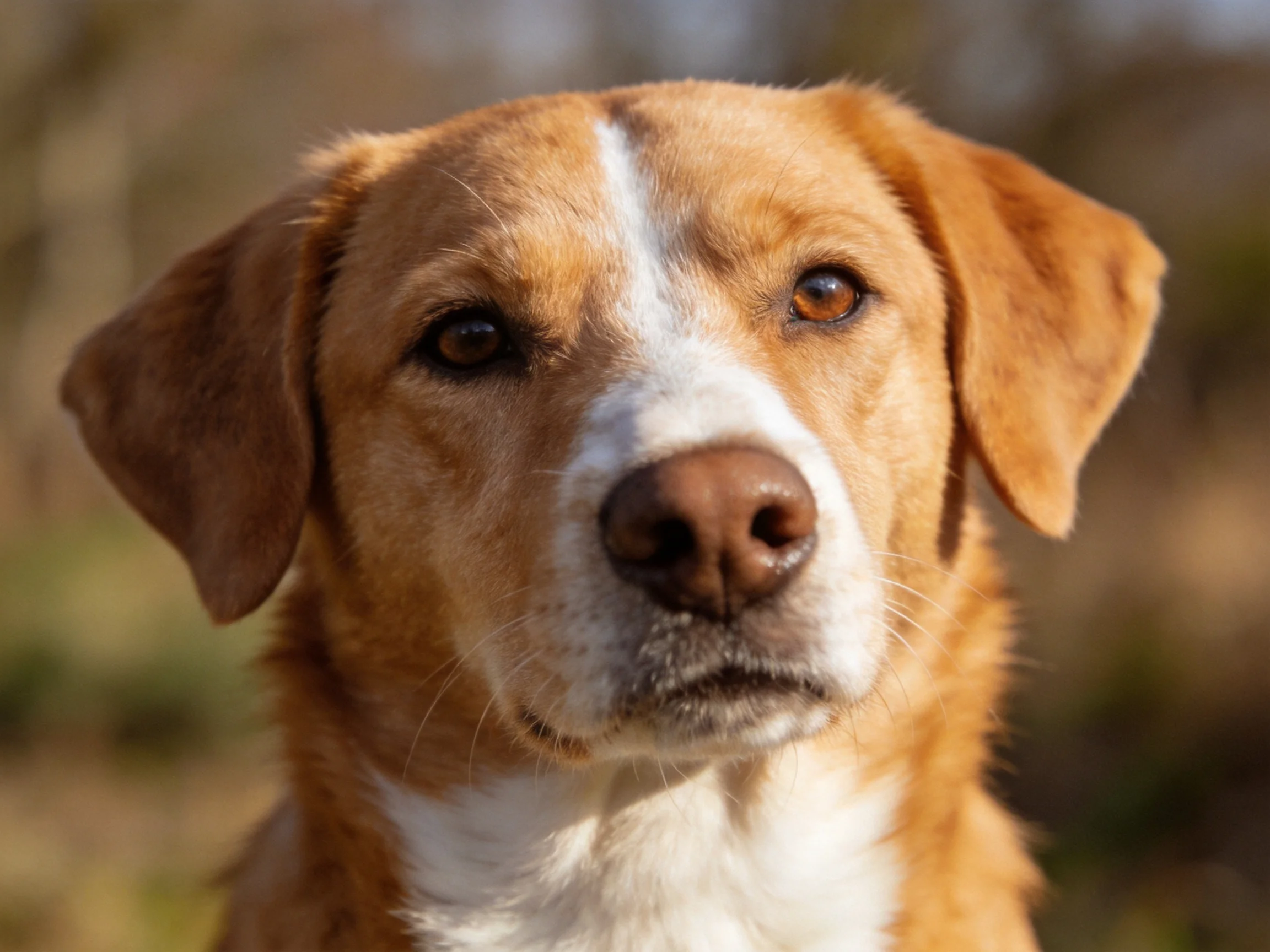A brown and white dog with attentive gaze in nature