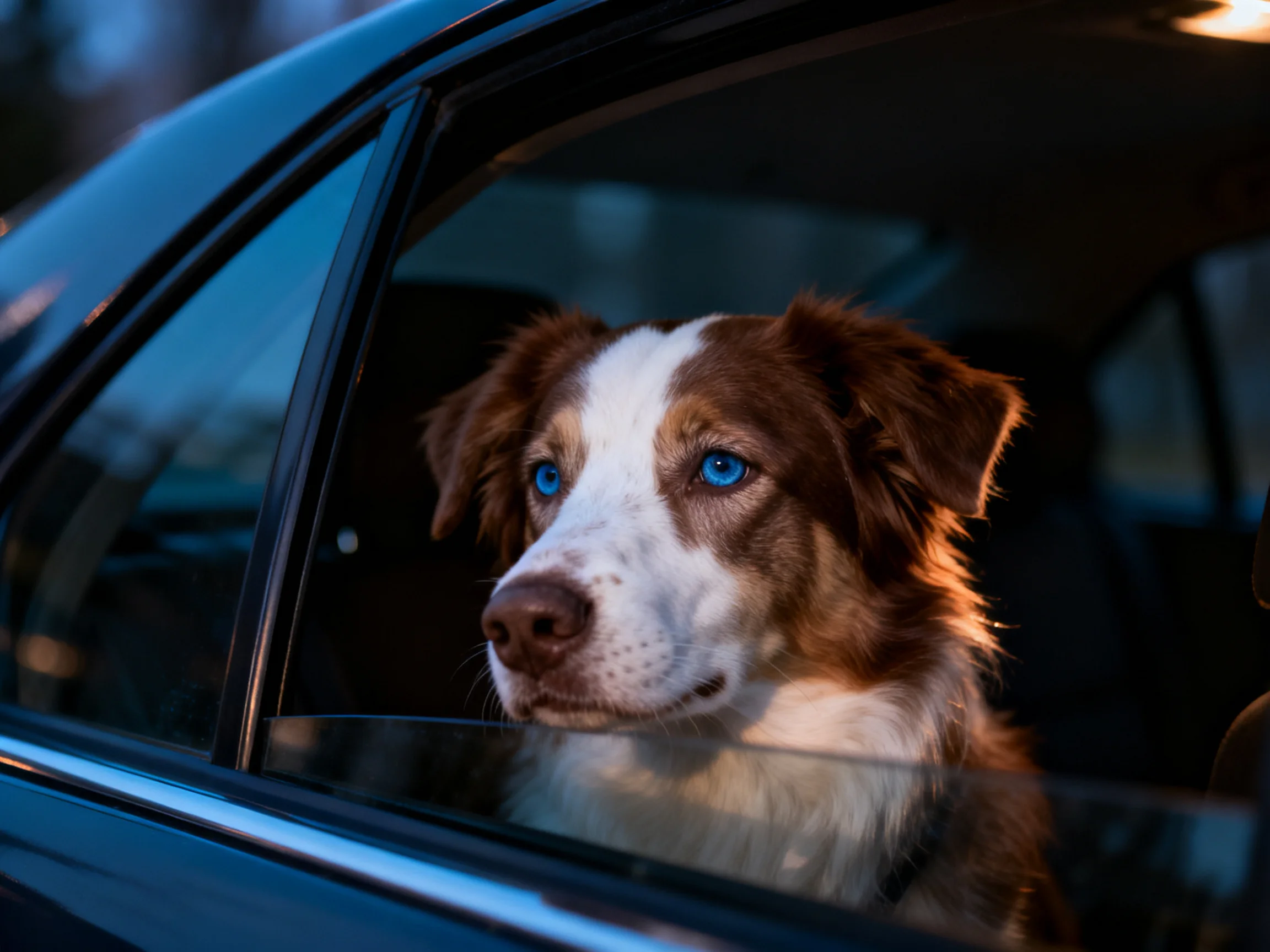A brown and white dog looks out of a car window.