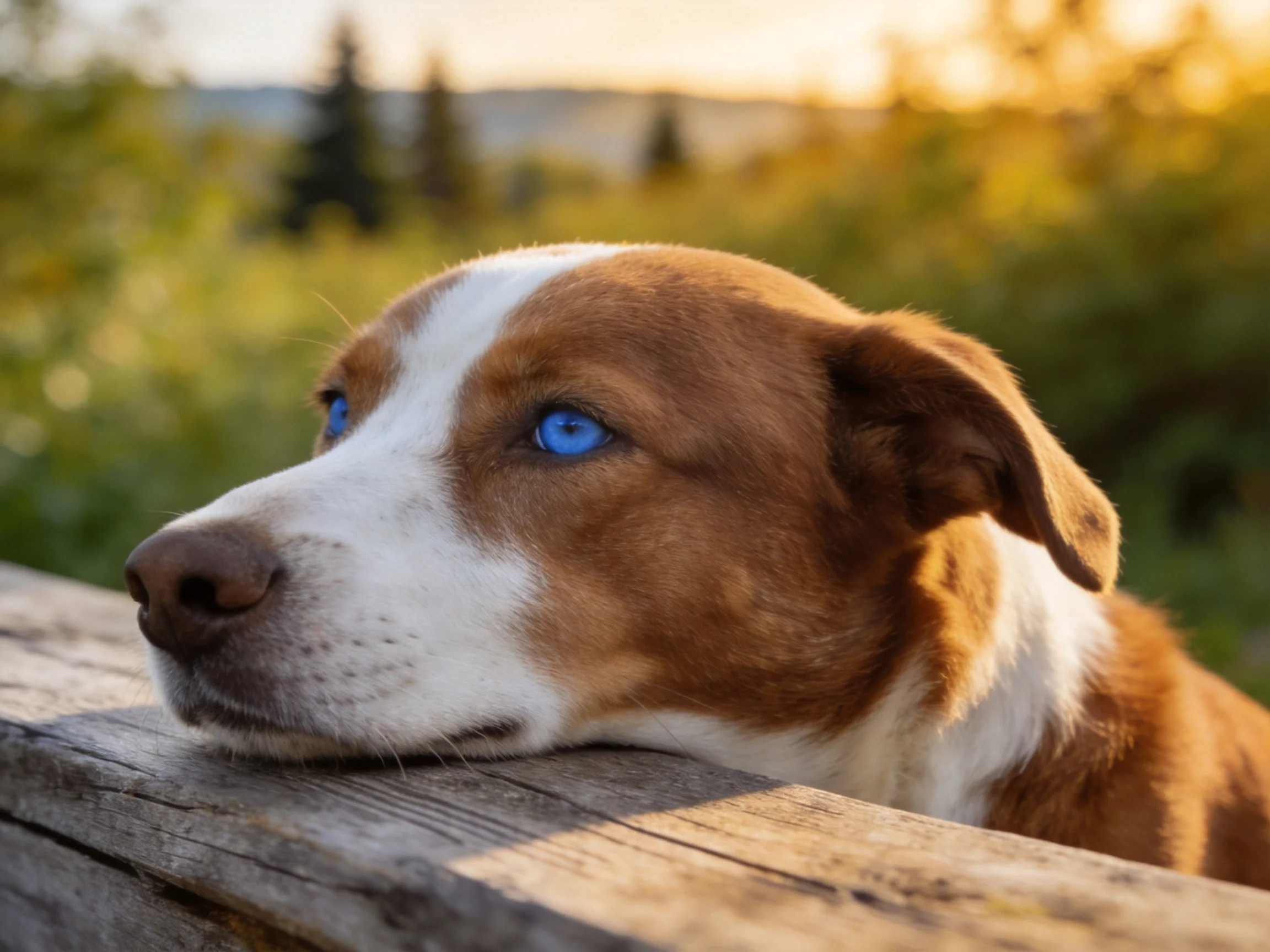 A dog with bright blue eyes rests on wood in a sunlit natural setting.