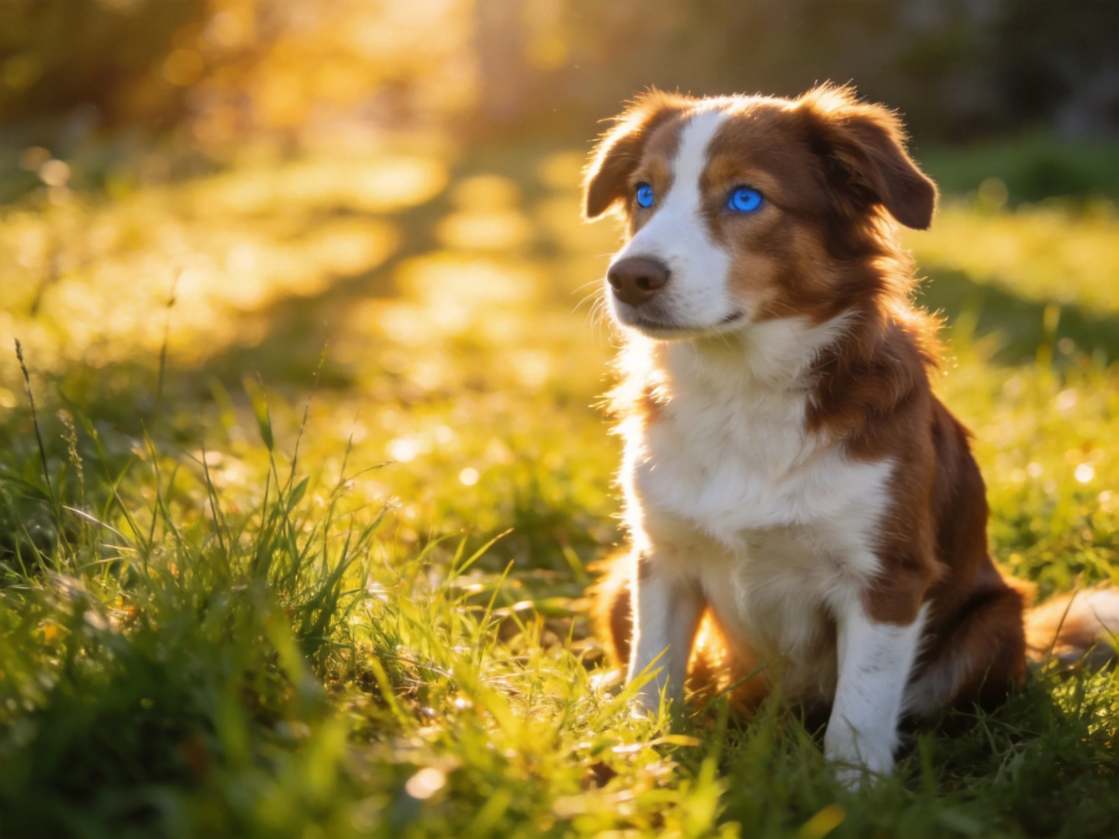 A brown-and-white dog with bright blue eyes sits in sunlit green grass