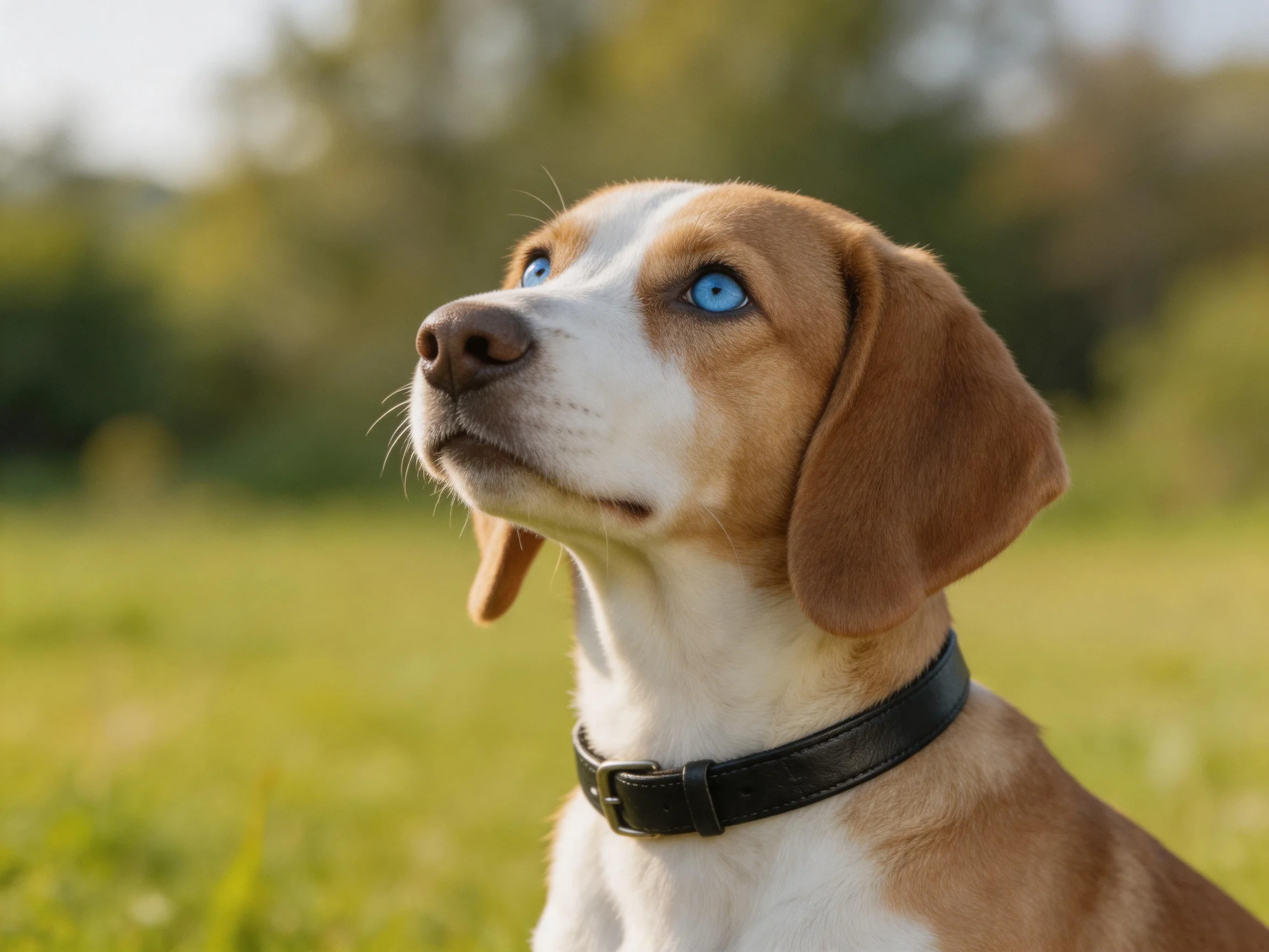 A brown and white dog with striking blue eyes sits in a sunlit grassy area.