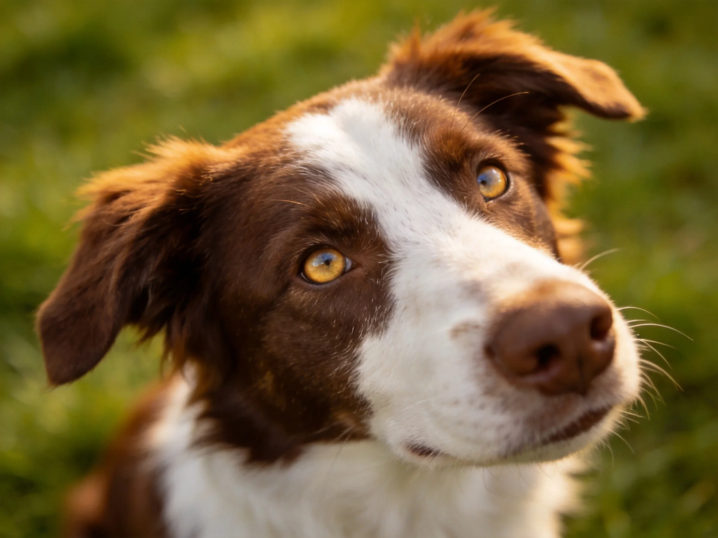 A brown and white dog with golden eyes in a sunlit grassy area