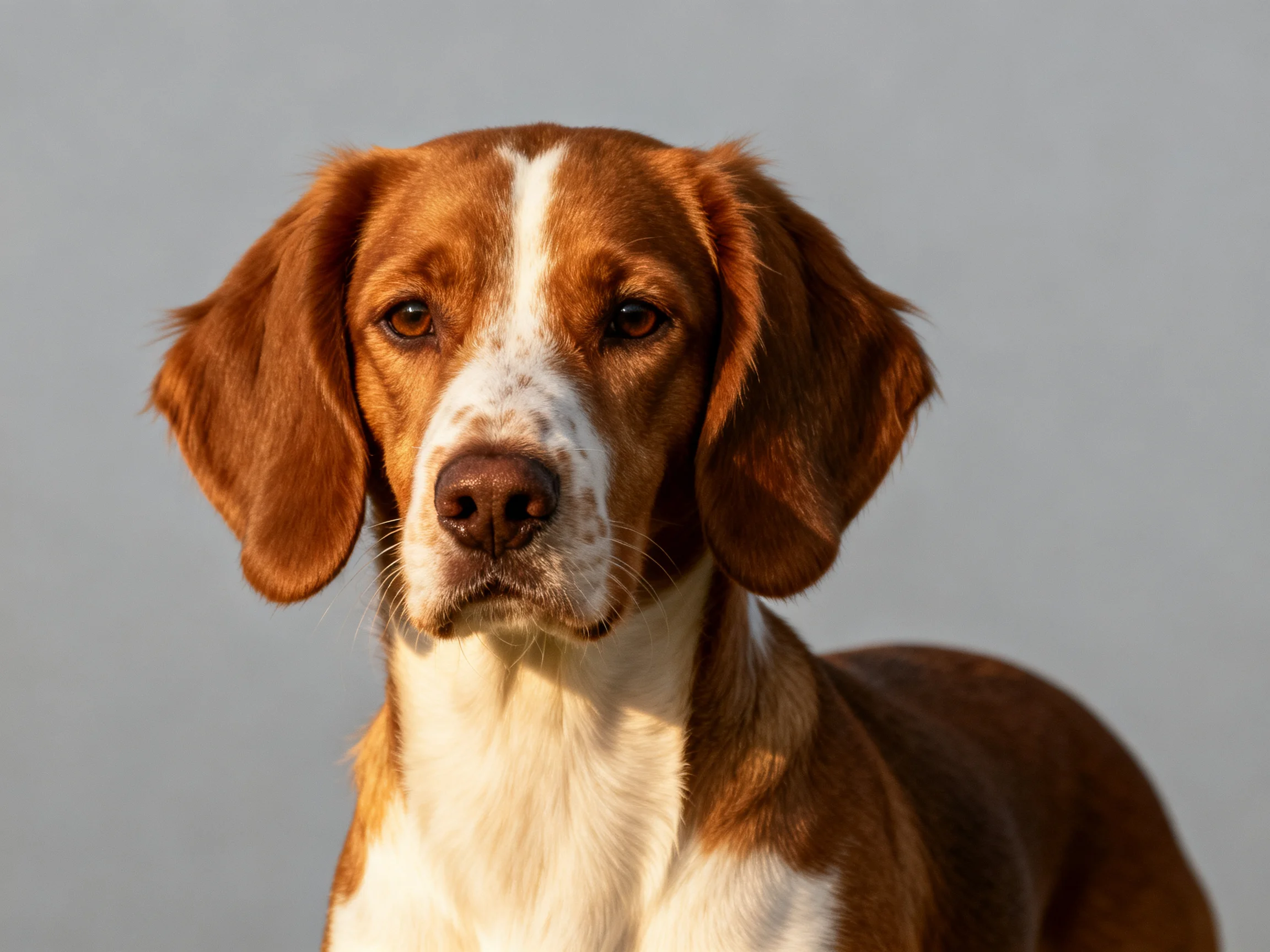 A brown and white dog stands against a plain gray background.