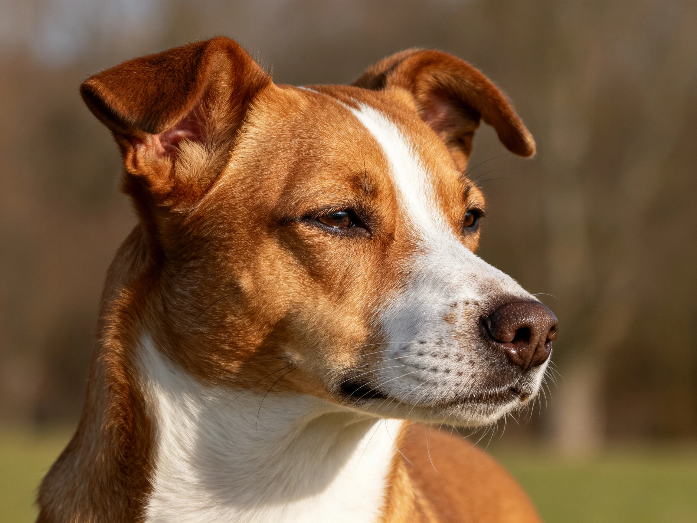 A brown and white dog stands alertly with perked ears outdoors.