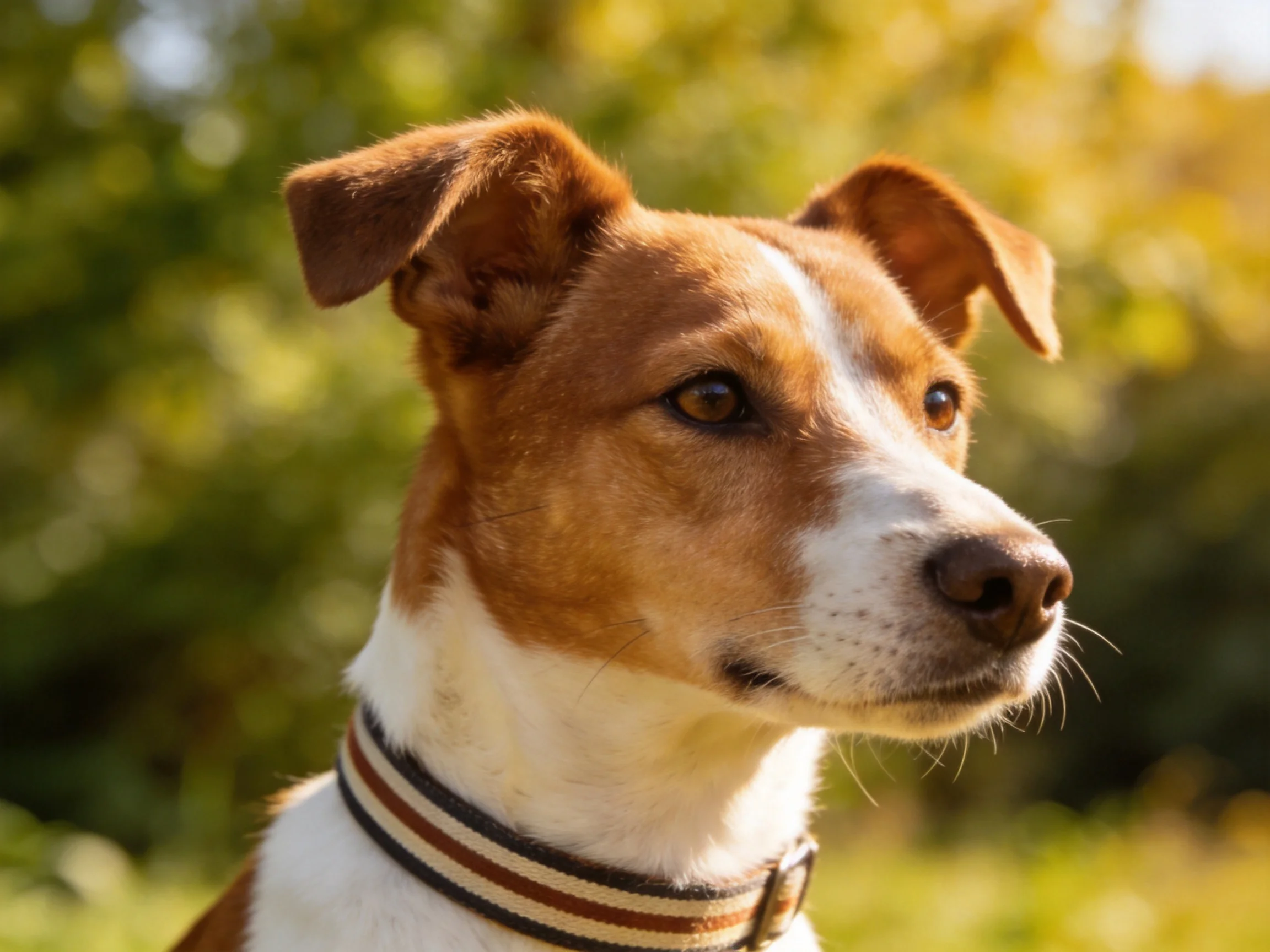 A brown and white dog stands alert in a sunlit outdoor space.