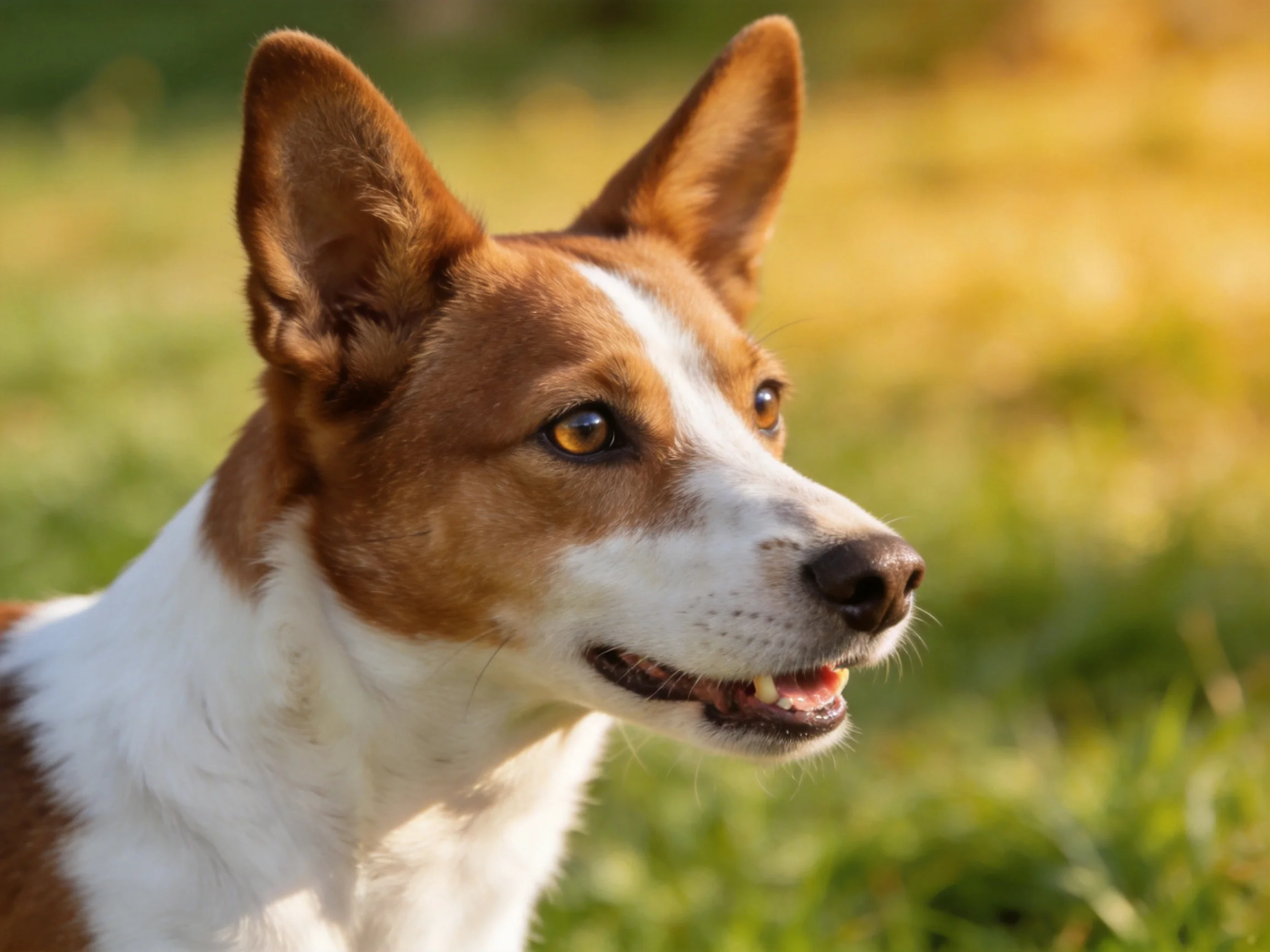 A brown and white dog with upright ears in a sunlit meadow