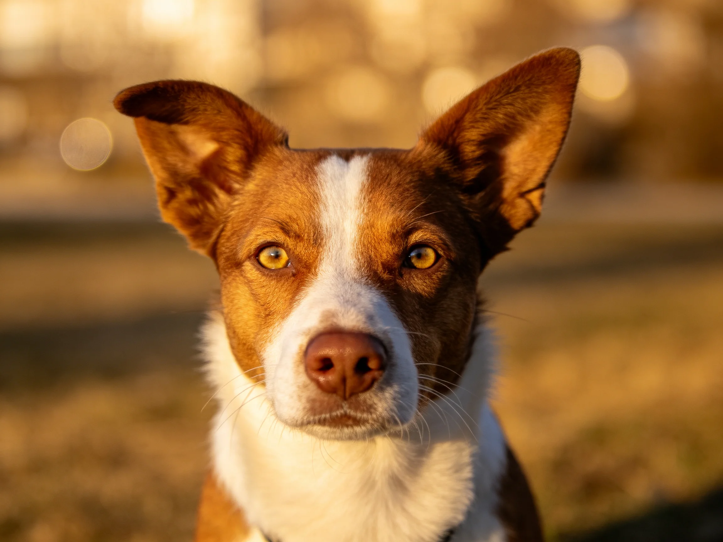 A brown and white dog with upright ears in golden sunlight