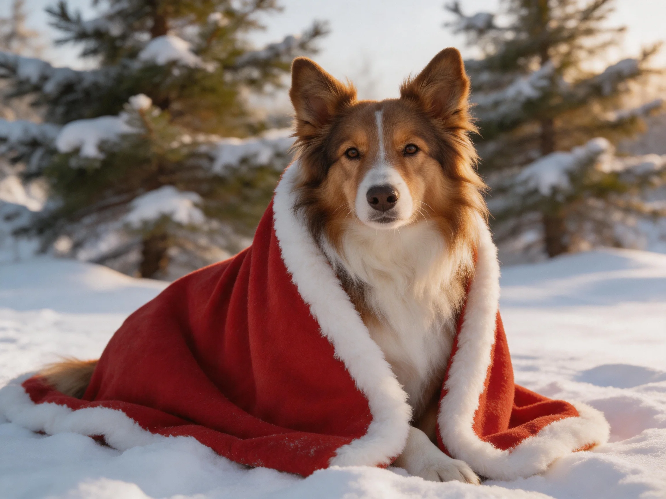 A brown and white dog wrapped in a red blanket sits in snowy woods with pine trees