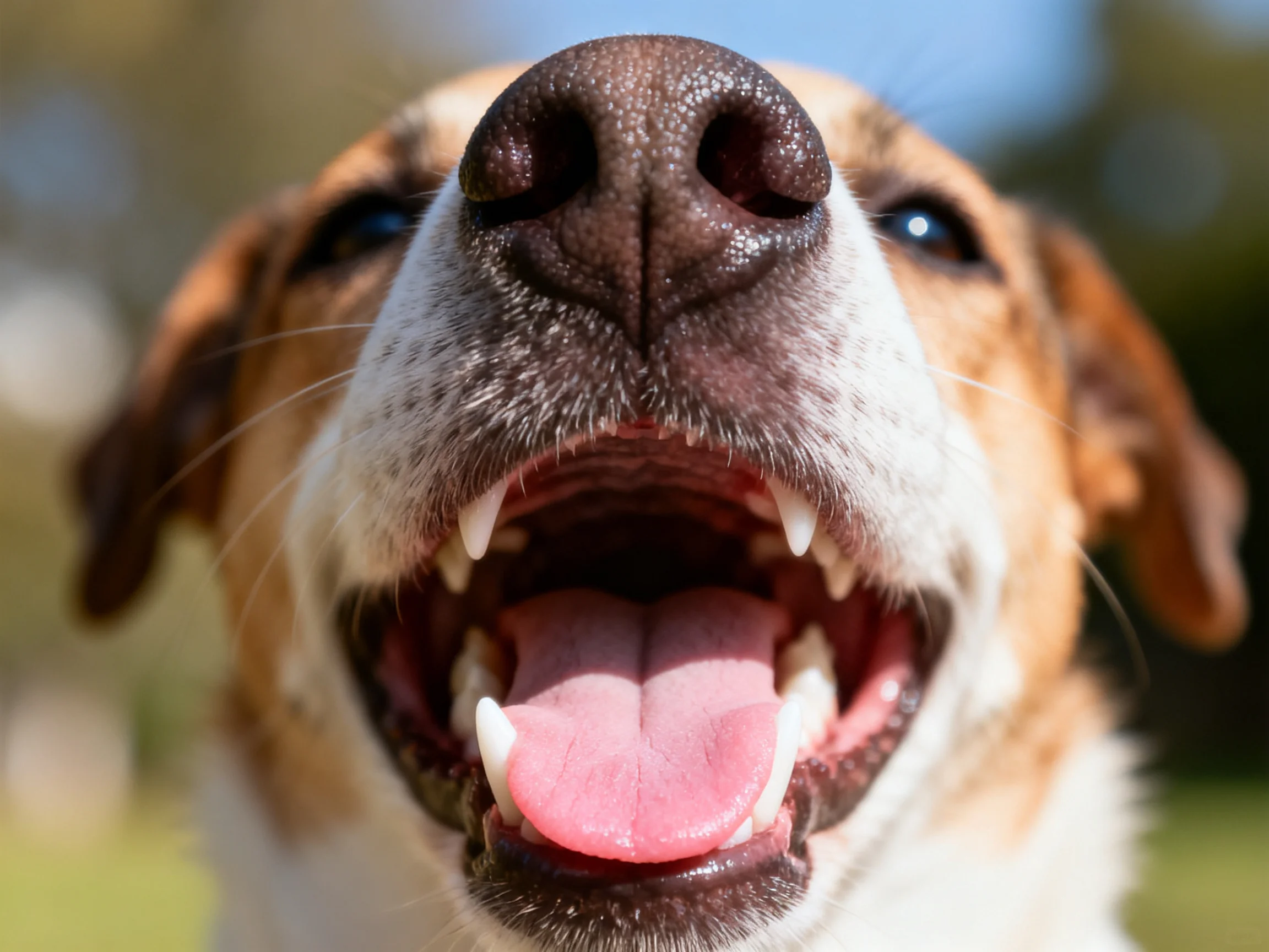 A close - up of a brown and white dog with its mouth open, showing teeth and tongue.