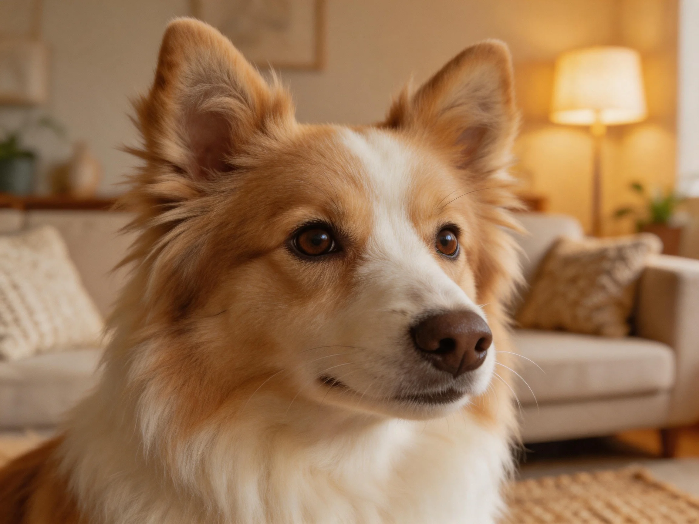 A brown and white dog sits in a warmly lit living room.