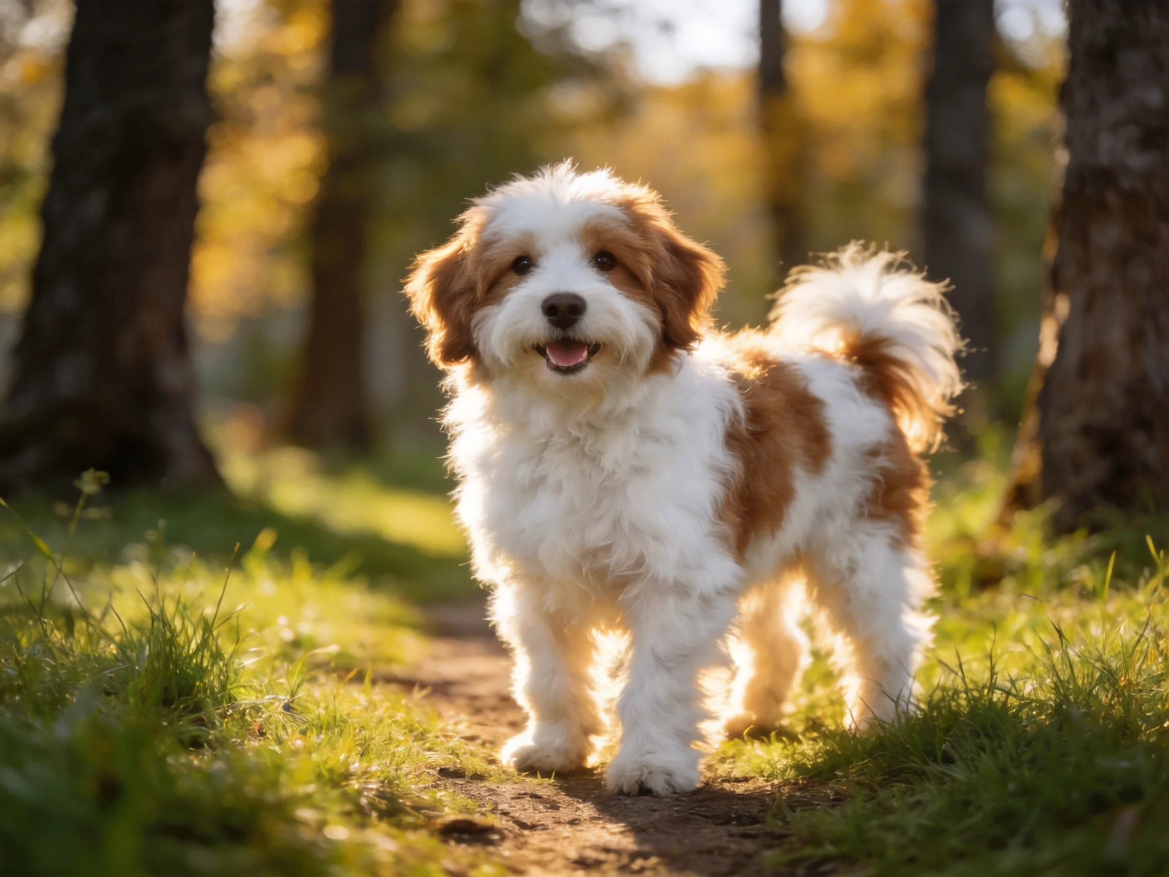A brown and white fluffy dog stands on a sunlit forest path near tall trees.