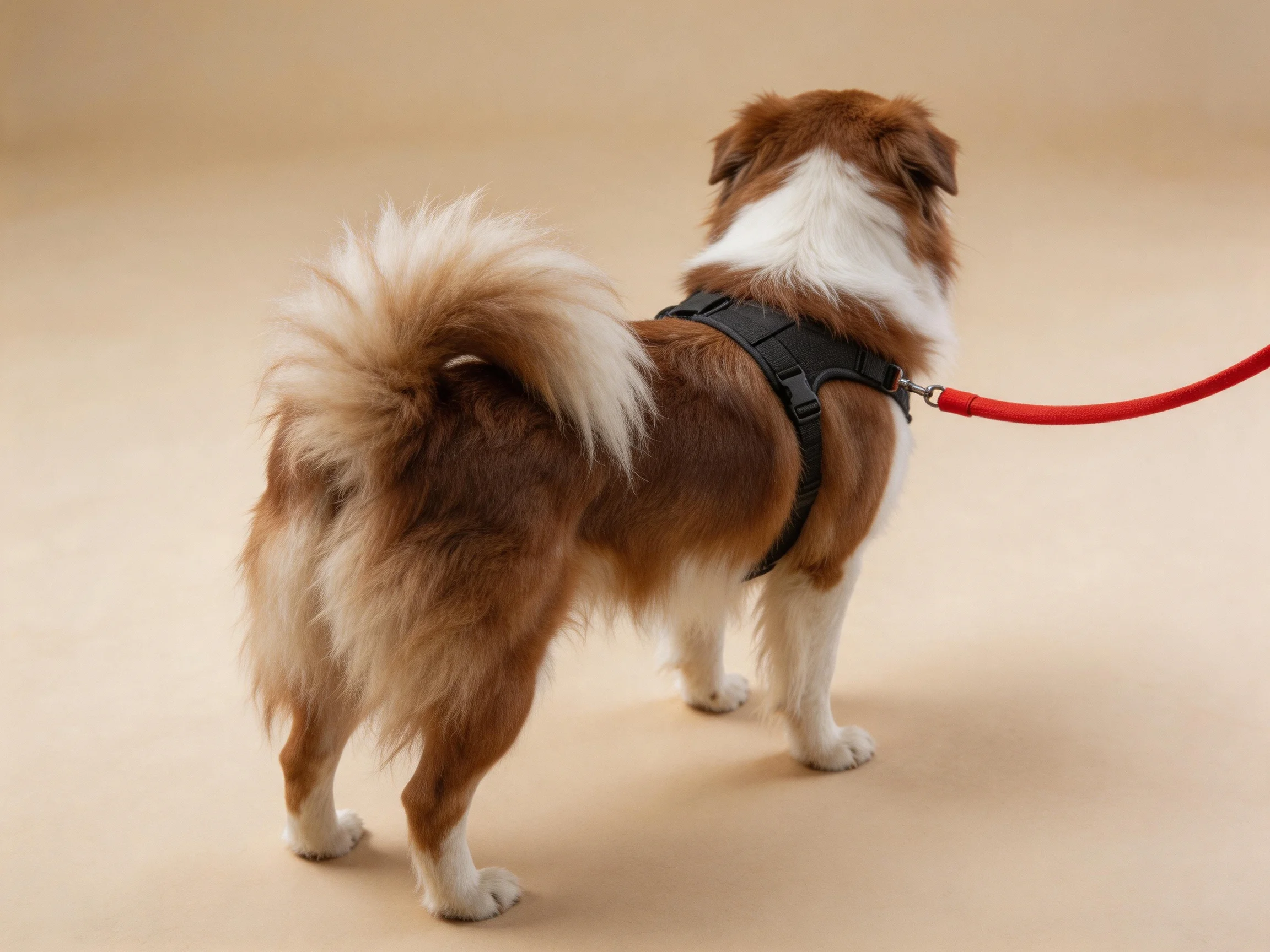 A brown and white dog wears a black harness attached to a red leash on a beige surface.