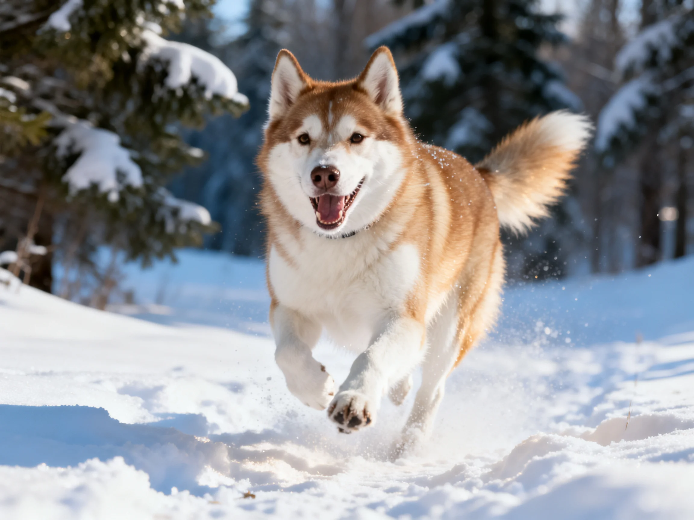 A brown and white husky dashes through a snowy forest trail