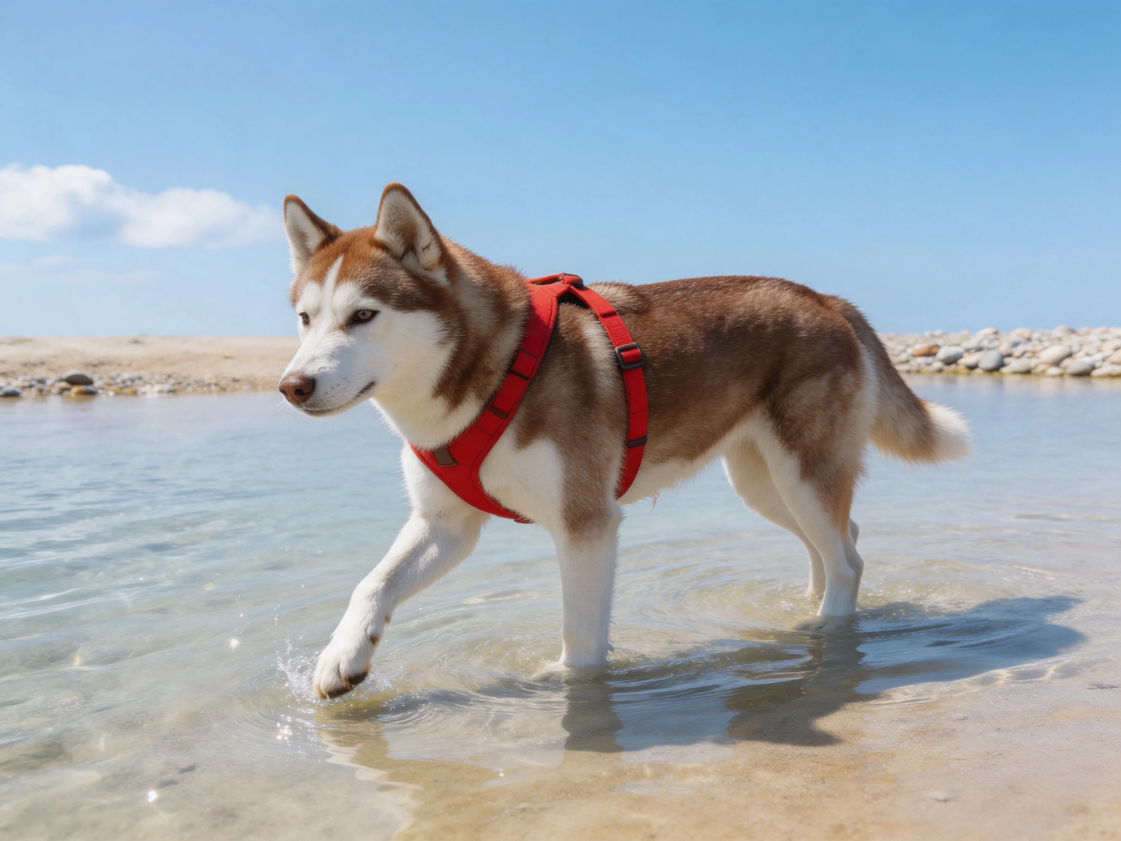 A brown and white husky in a bright red harness walks through shallow water
