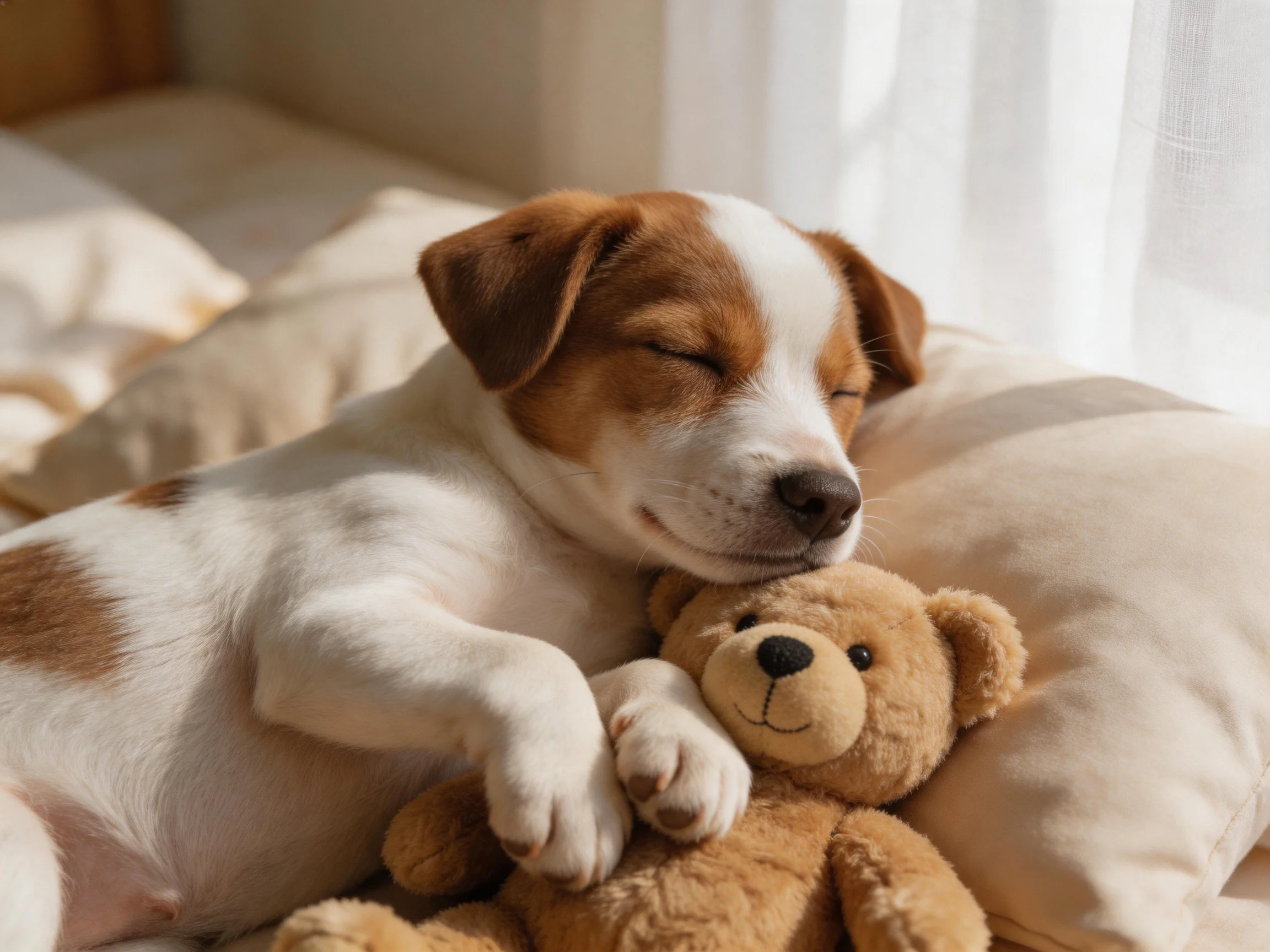 A brown and white puppy cuddles a tan teddy bear on soft pillows